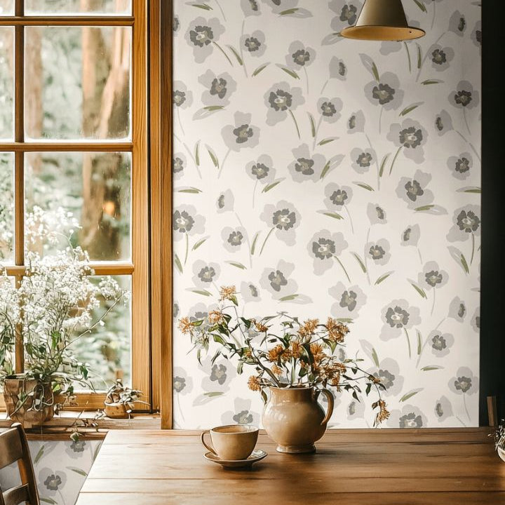 elowen bloom floral wallpaper in dining nook with wood accents and natural light – modern organic floral design – james & colors