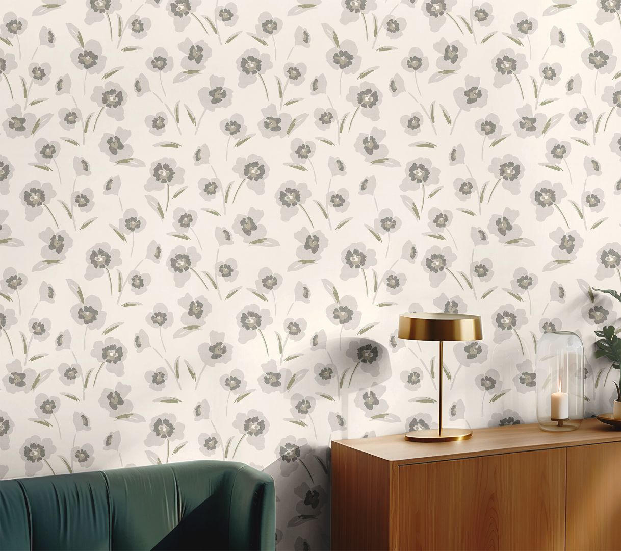 elowen bloom floral wallpaper in living room with green sofa and gold lamp – contemporary botanical wall pattern – james & colors