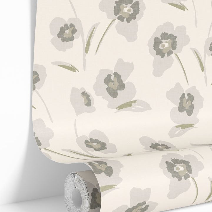 elowen bloom floral wallpaper roll – soft gray and olive flowers on linen background – james & colors