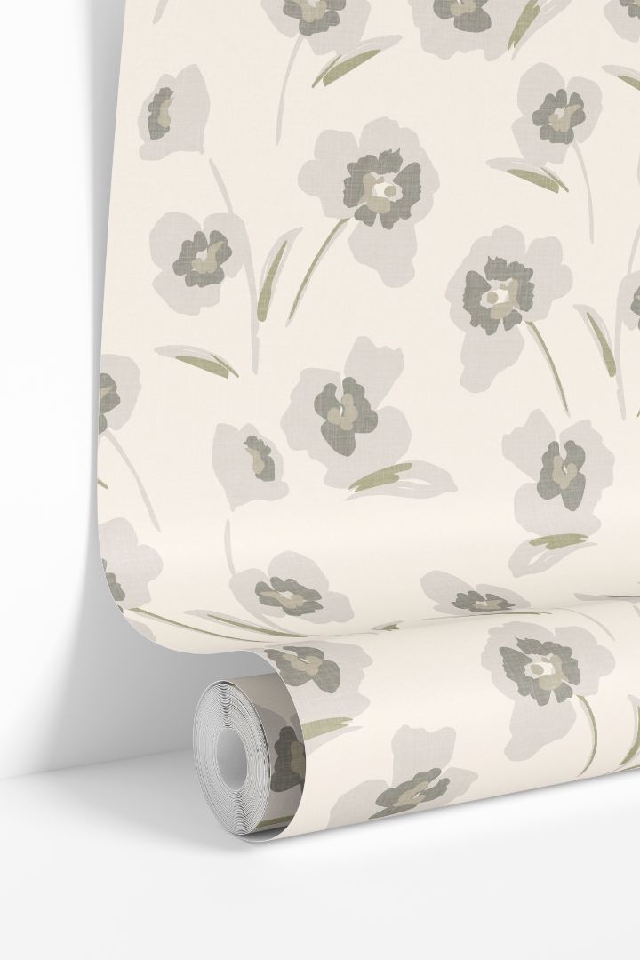 elowen bloom floral wallpaper roll – soft gray and olive flowers on linen background – james & colors