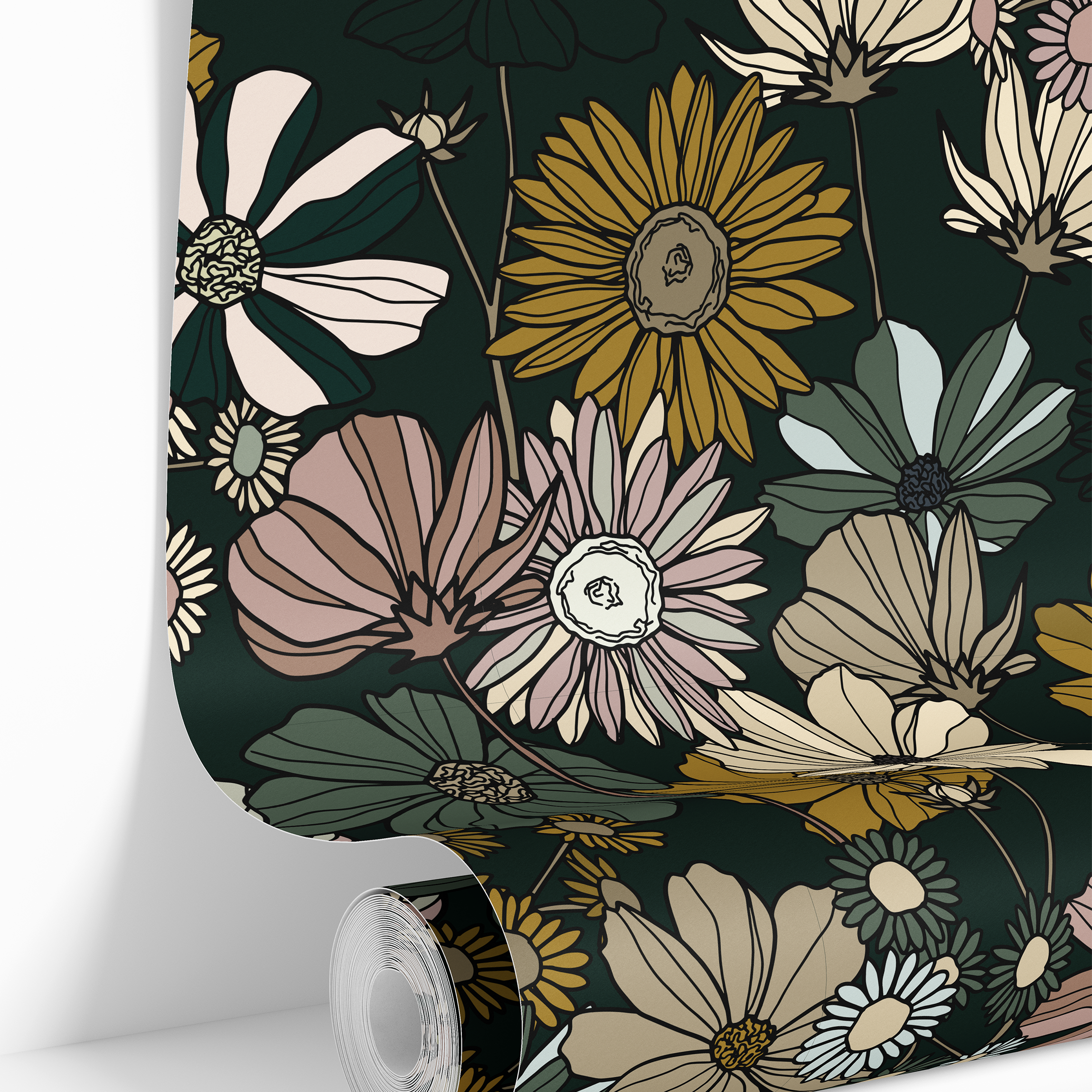 floral wallpaper roll with moody wildflowers in green and blush 866