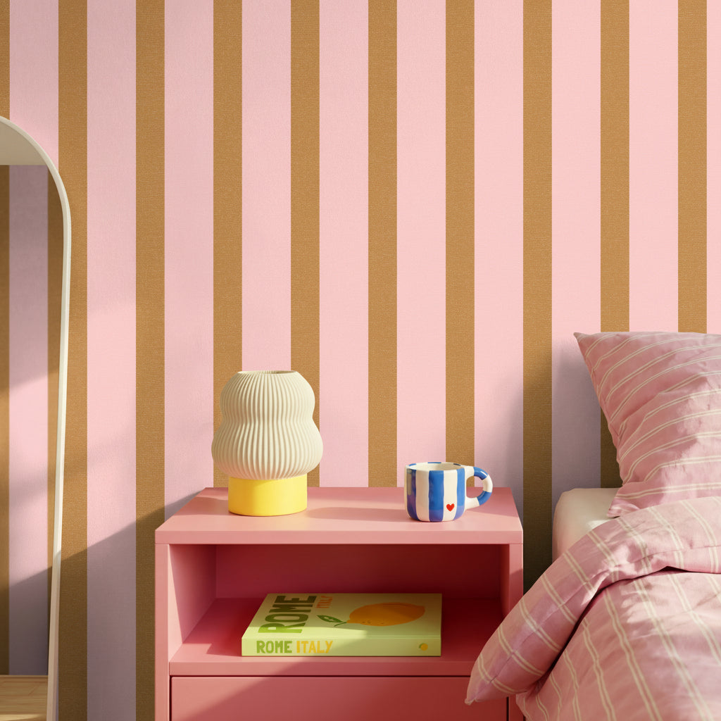 soft pink and neutral stripe wallpaper in bedroom with calm minimal design