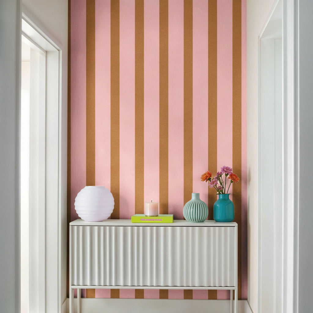 vertical stripe wallpaper in pink and neutral tones in modern living room