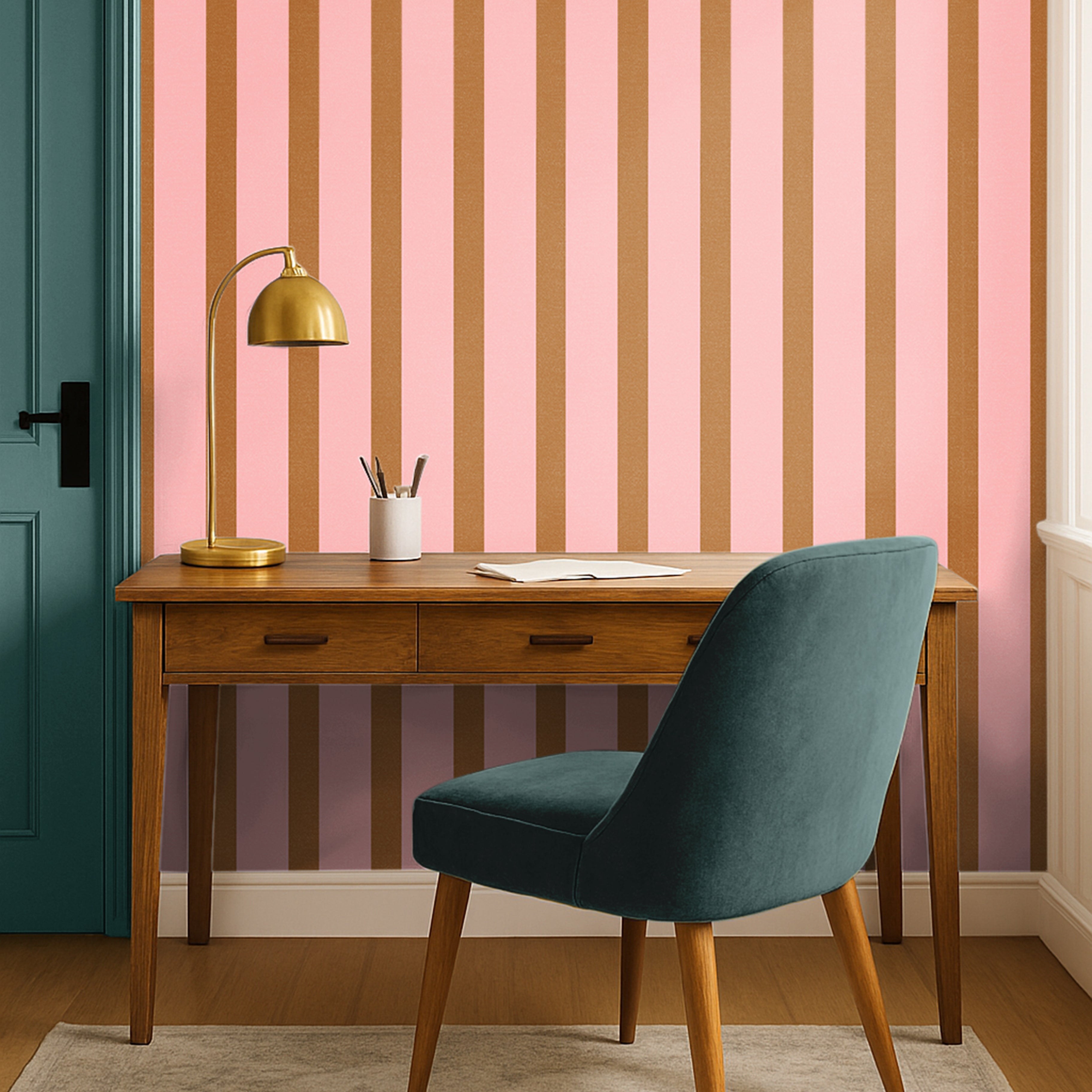 soft pink stripe wallpaper in office with light and playful atmosphere