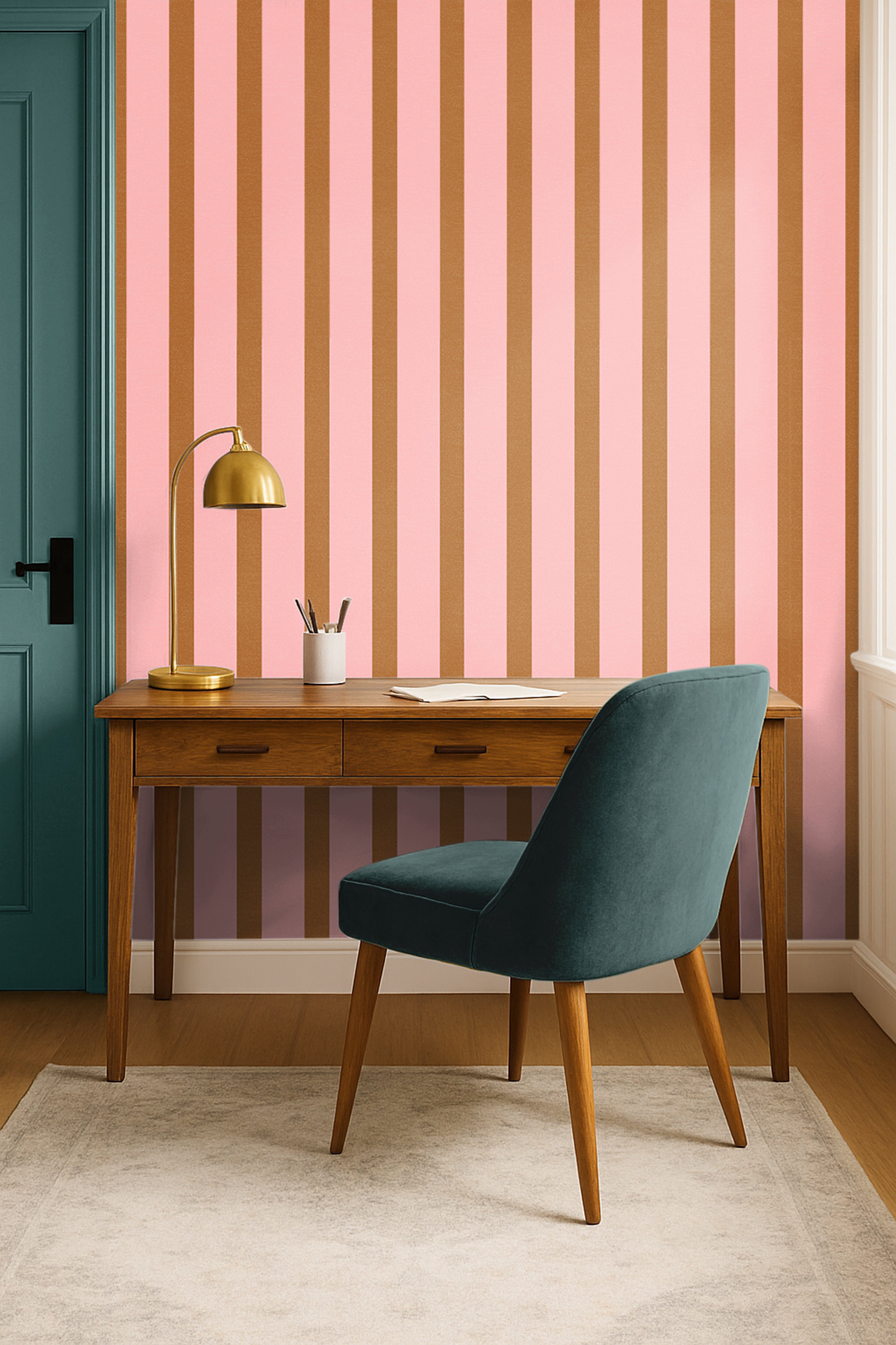 soft pink stripe wallpaper in office with light and playful atmosphere