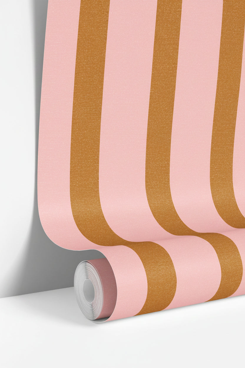 wallpaper roll showing pink and neutral stripe pattern with clean vertical lines