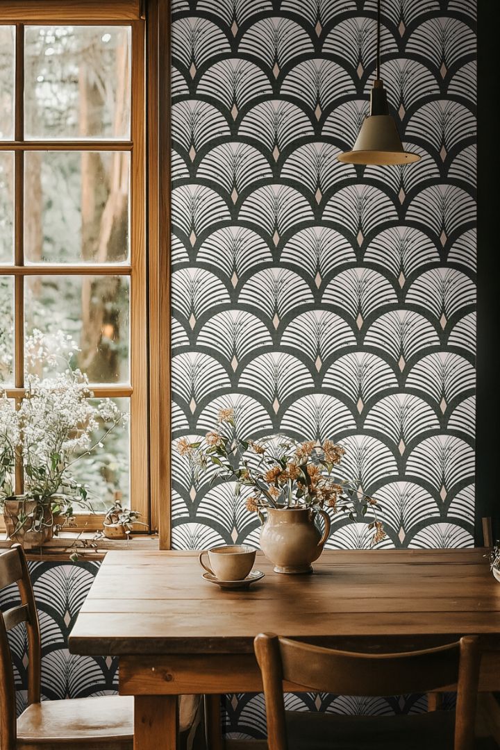evercroft dark green wallpaper in cozy dining nook with wood table and ceramic vase – modern art deco pattern – james & colors