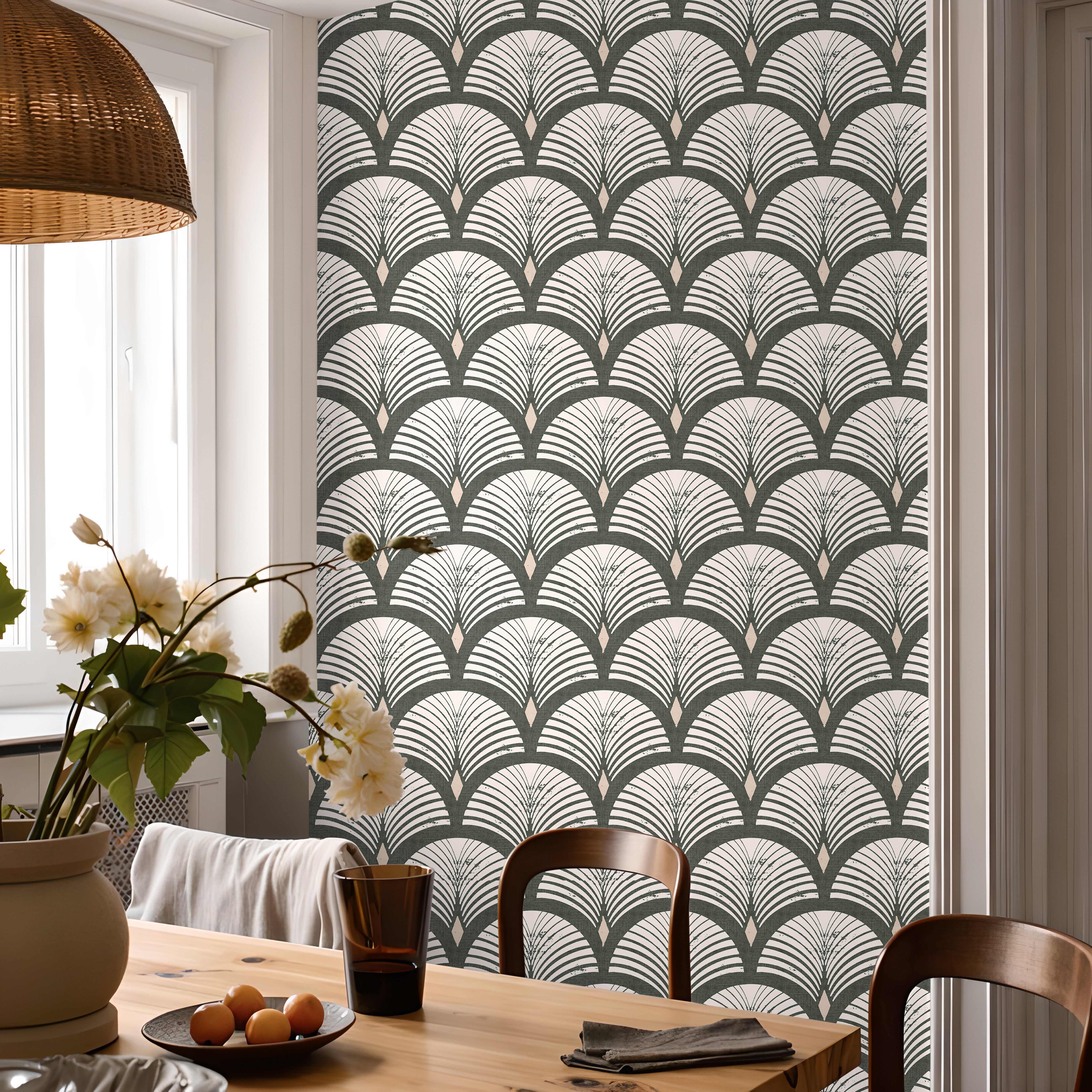 evercroft dark green art deco wallpaper behind light wood dining table with white flowers