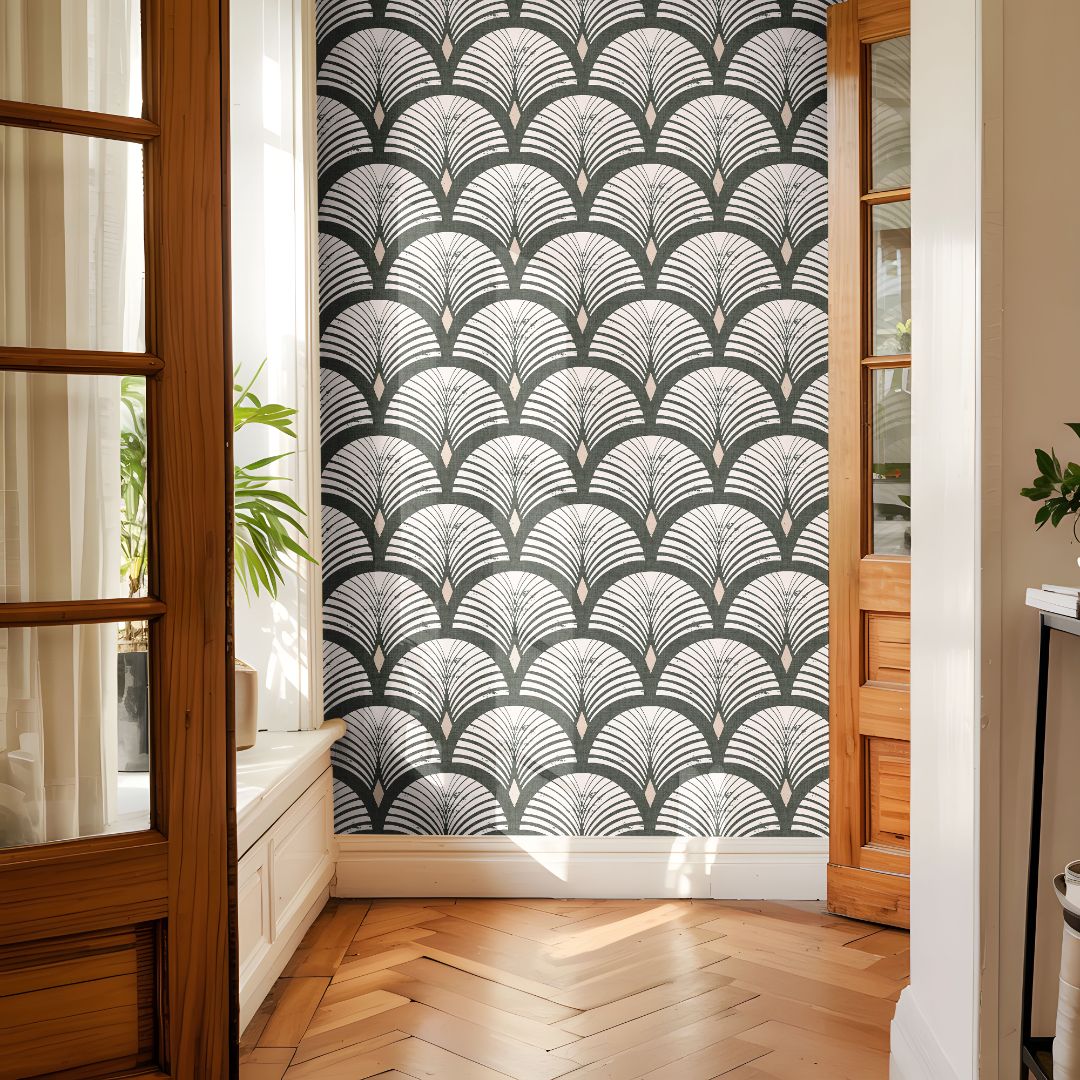 evercroft dark green fan wallpaper in bright entryway with warm wood doors and herringbone floors