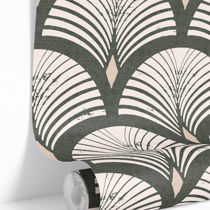 roll of evercroft wallpaper with dark green distressed fan shapes warm ivory lines and beige diamonds