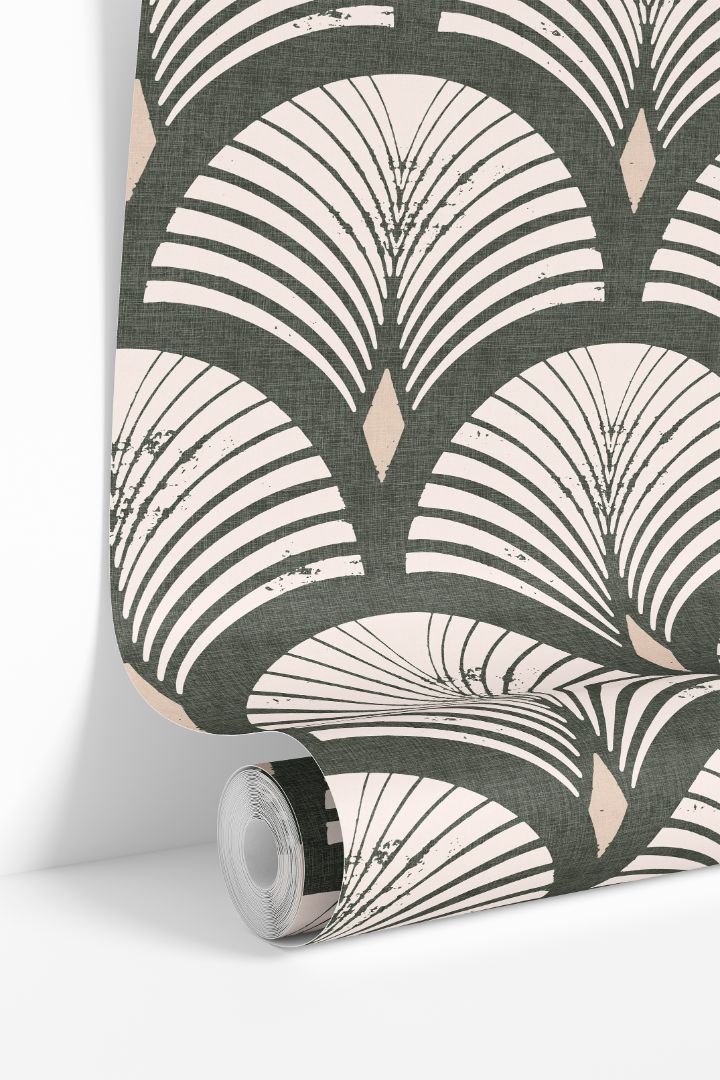 roll of evercroft wallpaper with dark green distressed fan shapes warm ivory lines and beige diamonds