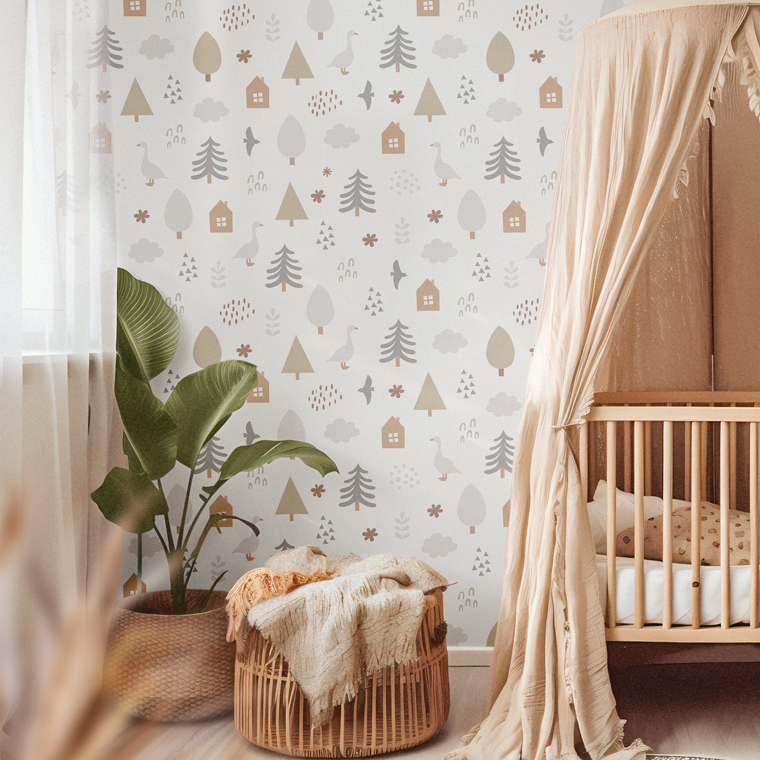 Soft woodland wallpaper with Scandinavian-inspired forest illustrations for a cozy gender-neutral nursery.
