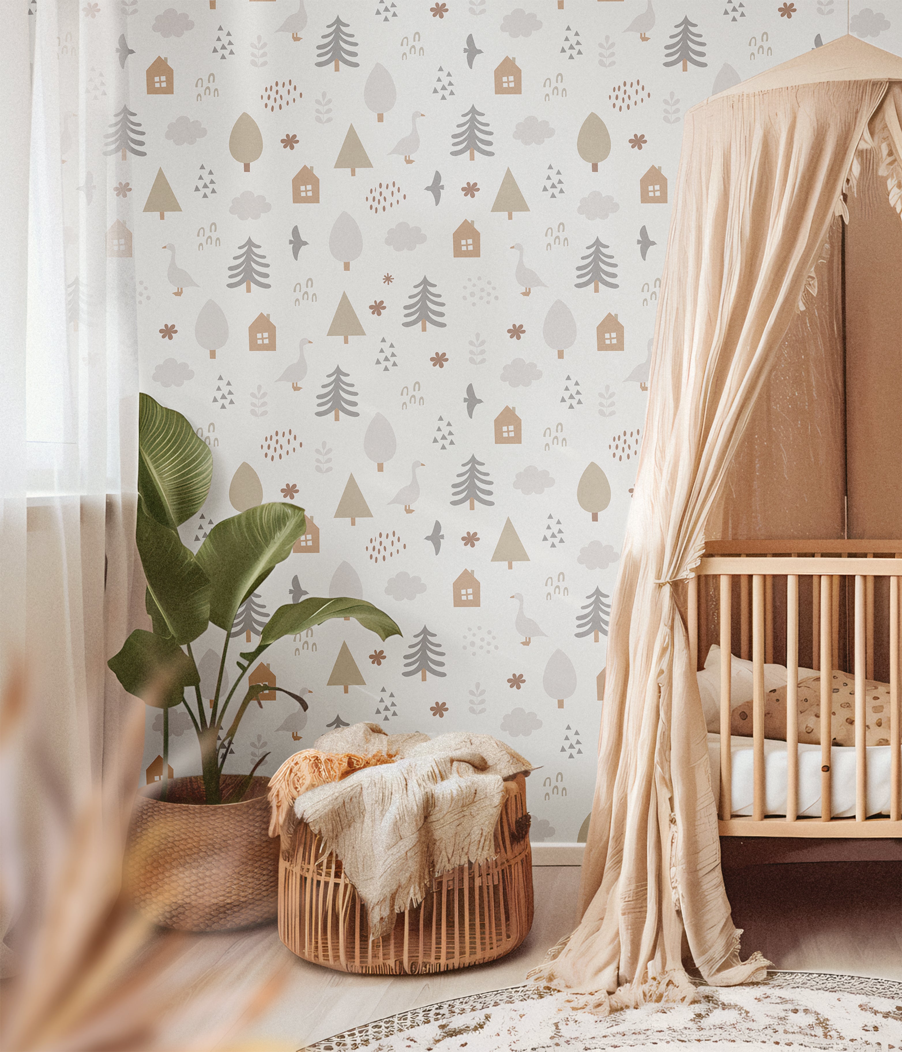 Soft woodland wallpaper with Scandinavian-inspired forest illustrations for a cozy gender-neutral nursery.