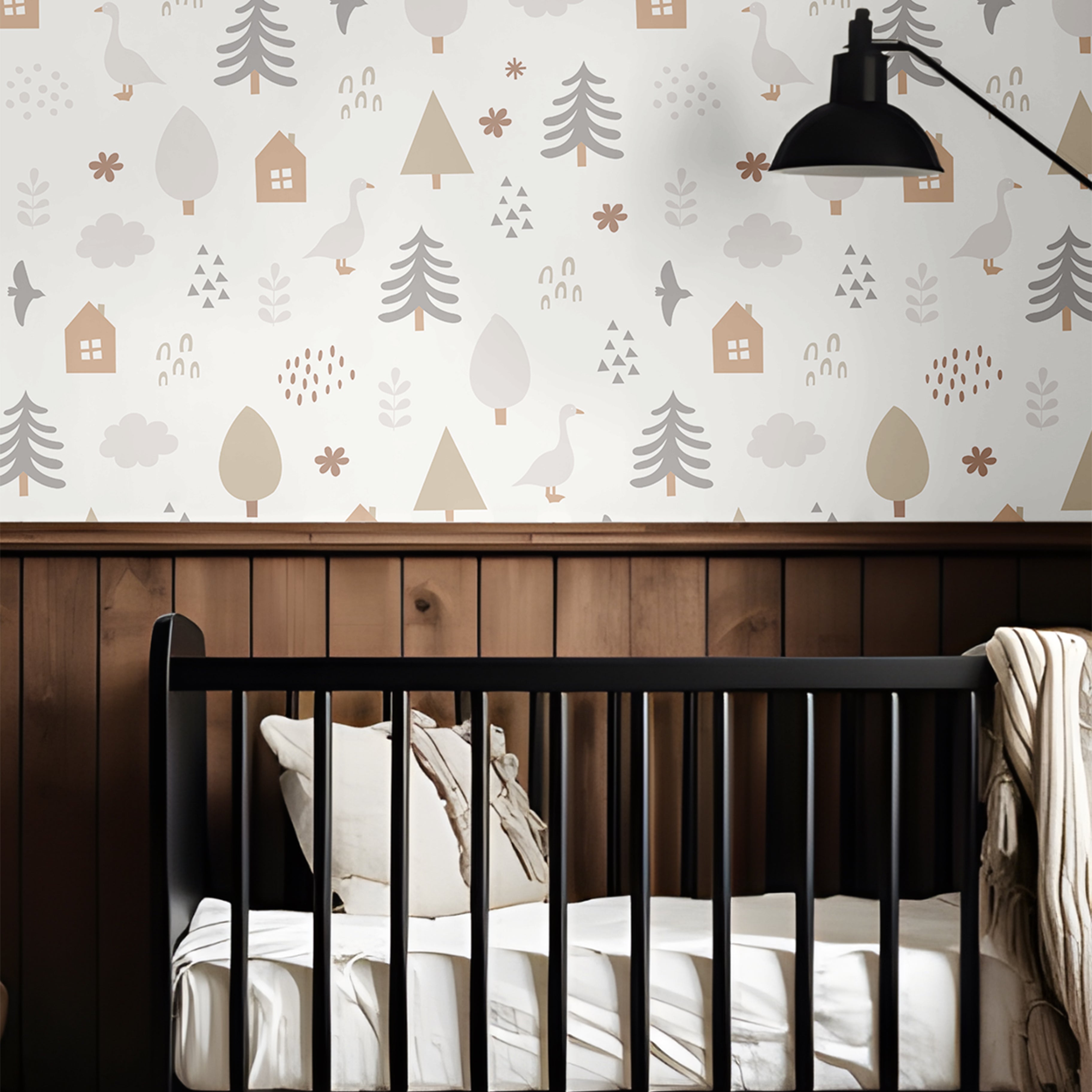 Neutral woodland nursery wallpaper with trees, geese, clouds, and tiny cottages in a soft Scandinavian-inspired nursery.
