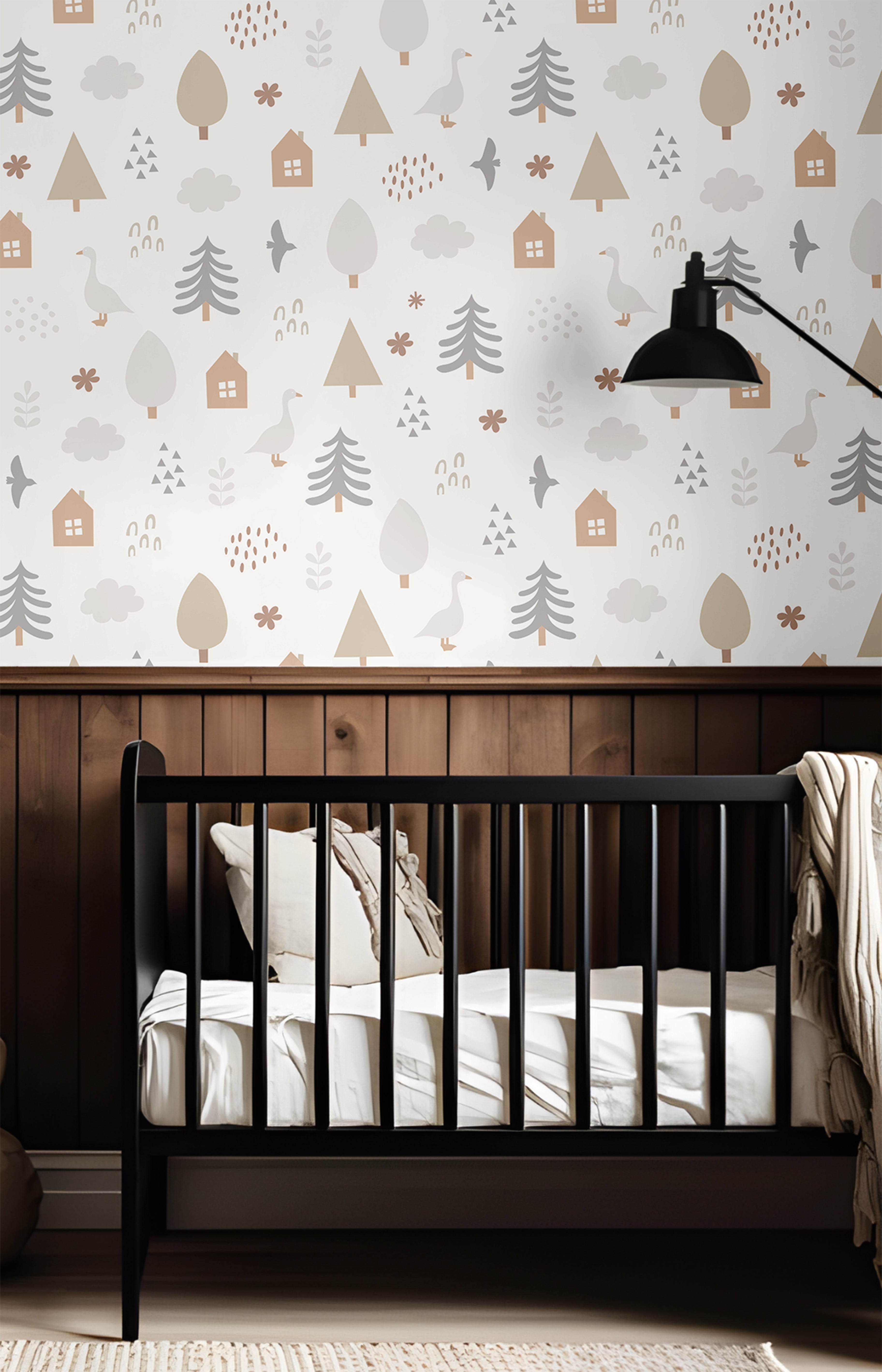 Neutral woodland nursery wallpaper with trees, geese, clouds, and tiny cottages in a soft Scandinavian-inspired nursery.
