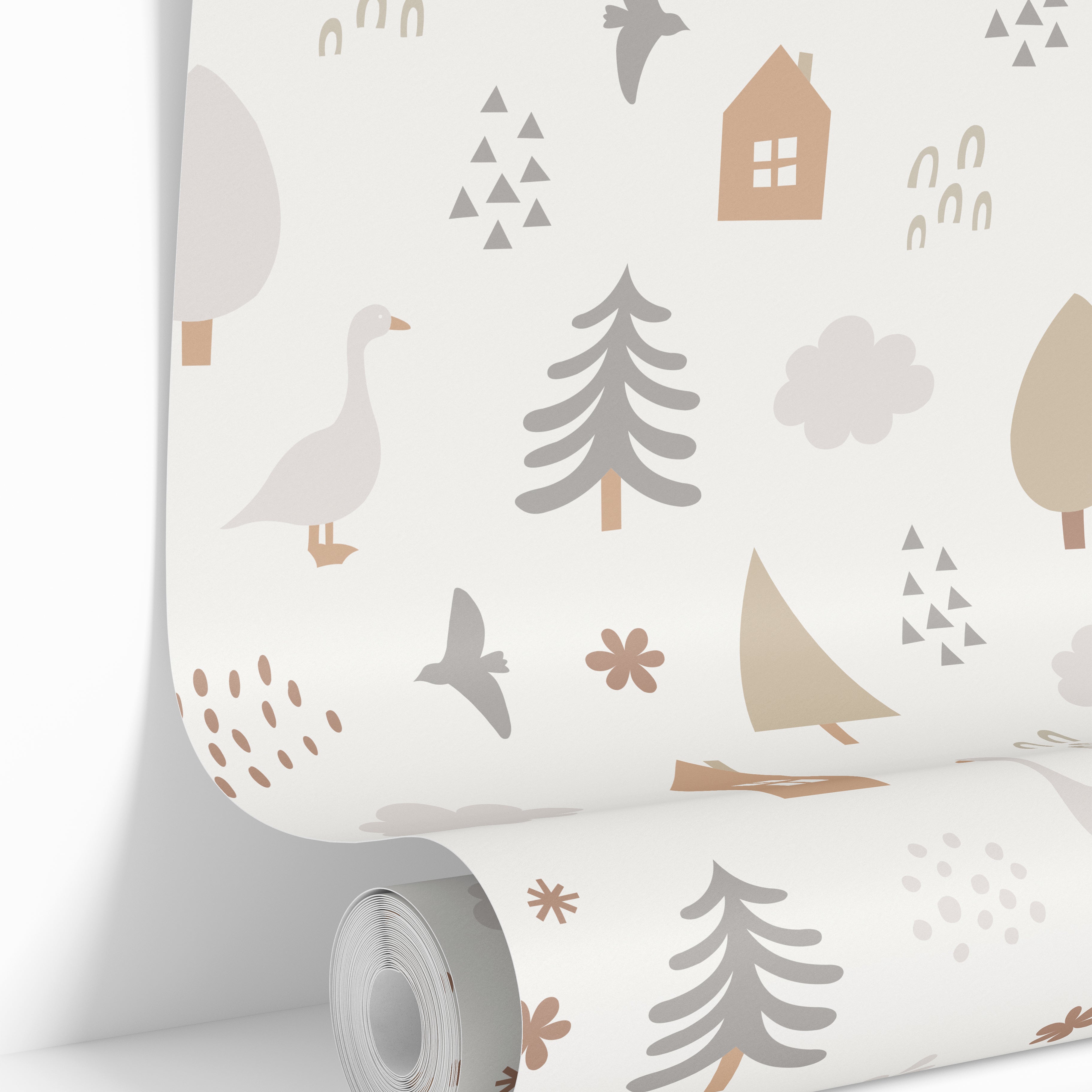 Wallpaper roll featuring the Fern & Fable woodland nursery wallpaper pattern with soft neutral forest-inspired illustrations.