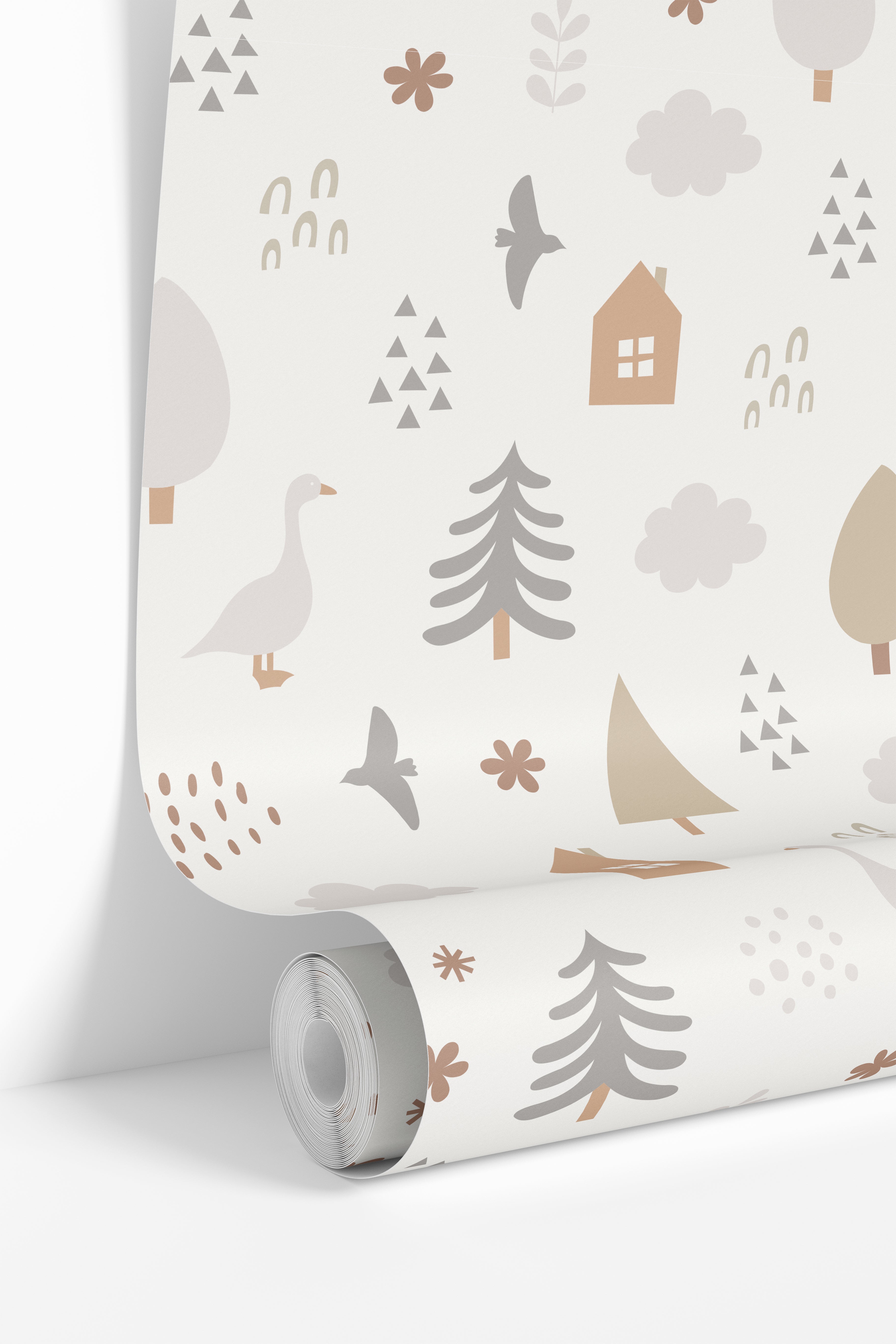 Wallpaper roll featuring the Fern & Fable woodland nursery wallpaper pattern with soft neutral forest-inspired illustrations.
