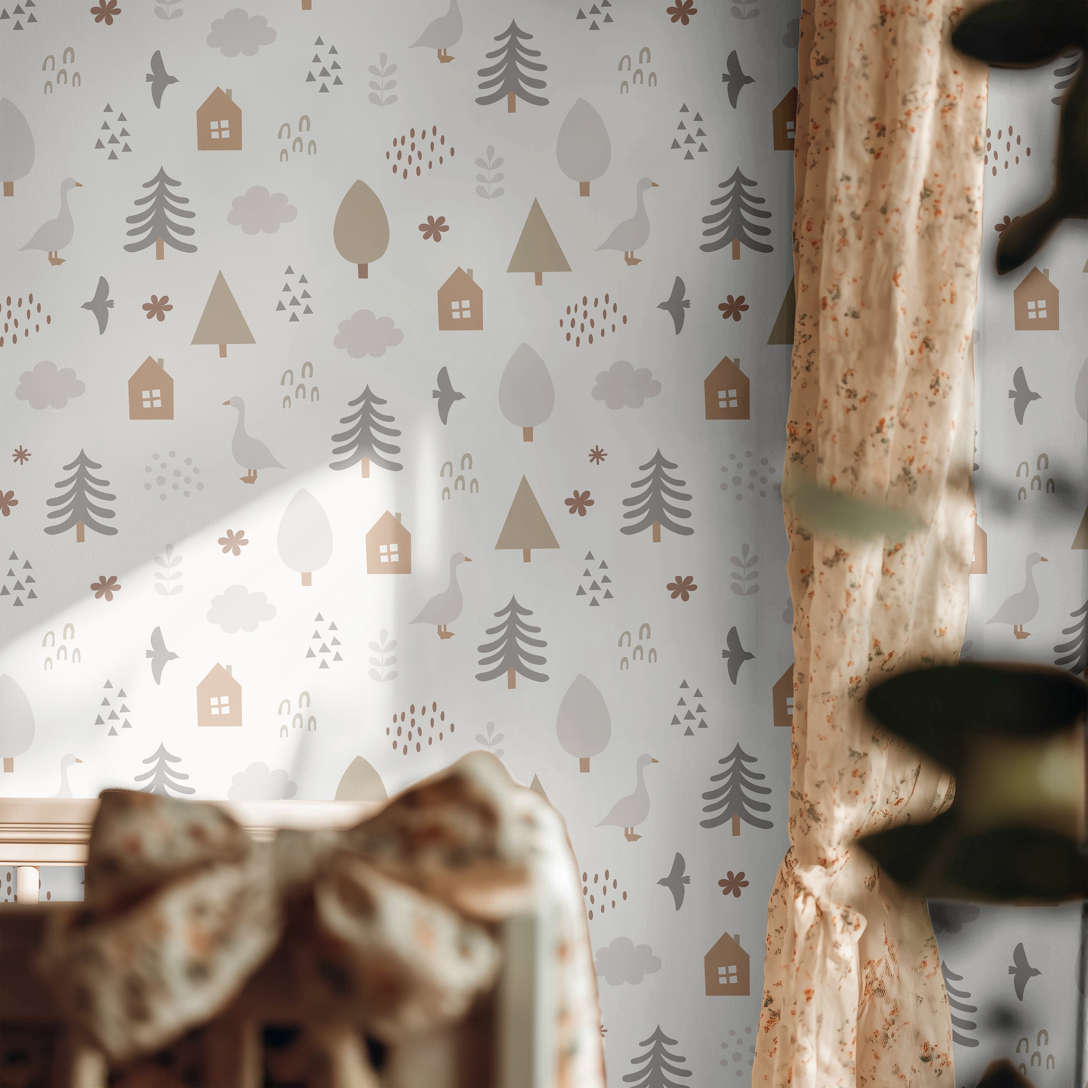 Minimal nursery wallpaper with soft trees, cottages, geese, and whimsical woodland details in calming earthy tones.