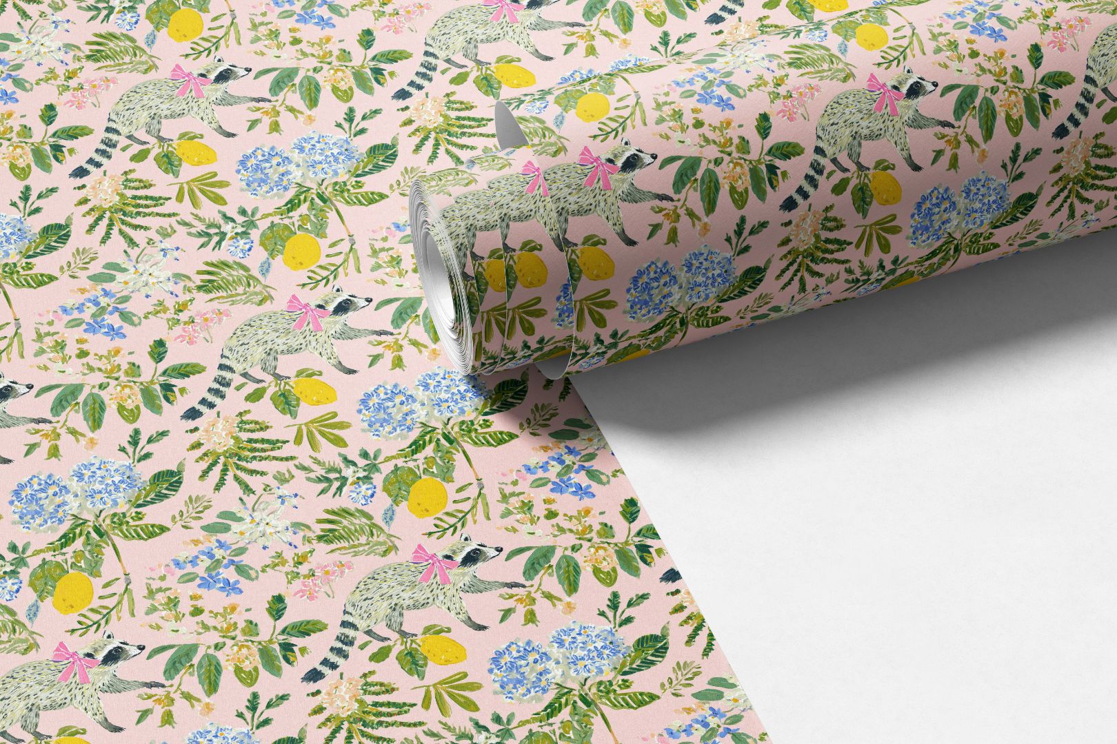 illustrated garden contact paper roll showing a raccoon with a bow surrounded by florals leaves and lemon accents in pastel tones