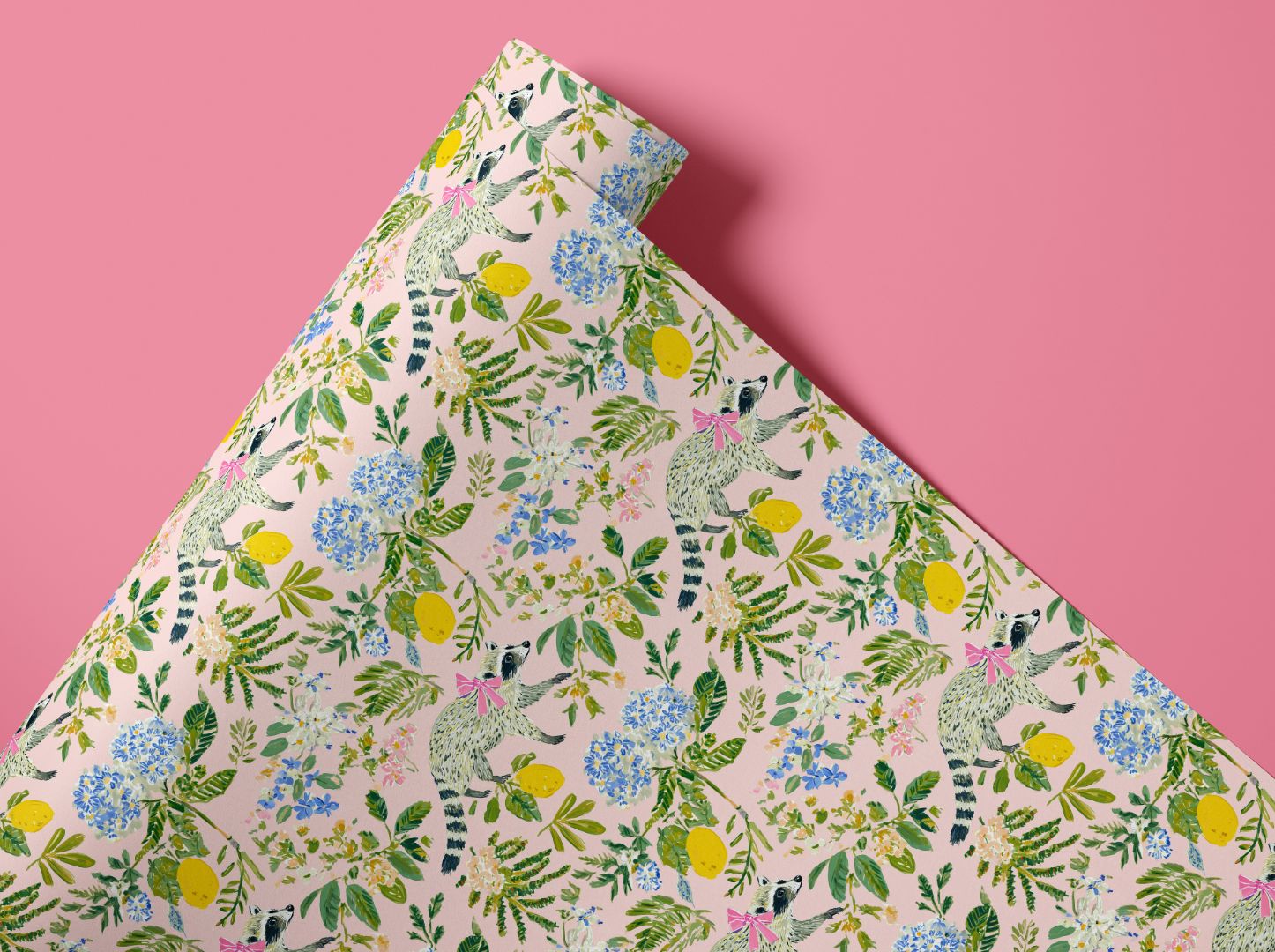 raccoon contact paper roll featuring hand painted florals lemons and greenery on a soft blush background