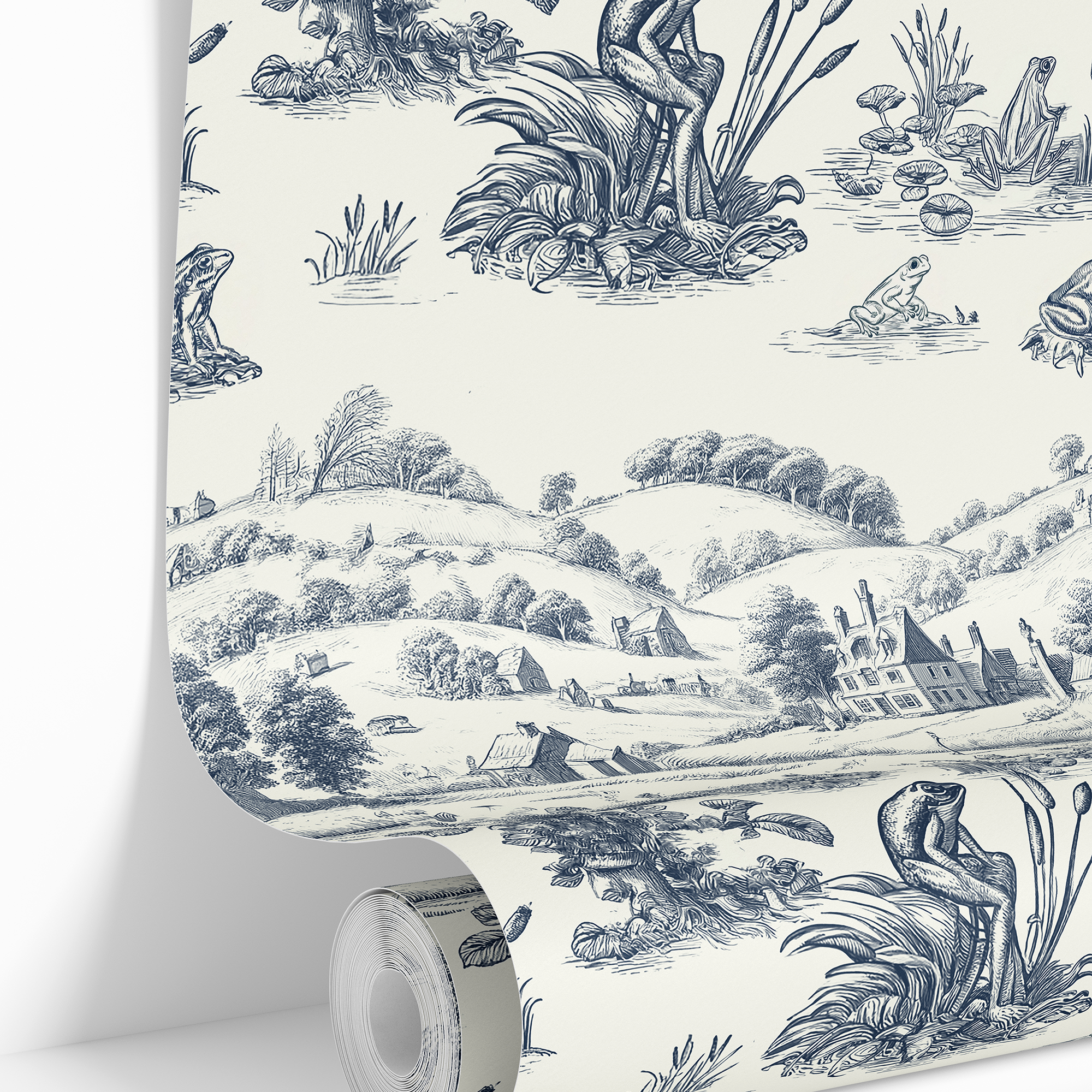 French countryside wallpaper featuring whimsical blue frogs, lily pads, and rustic village landscape – James & Colors