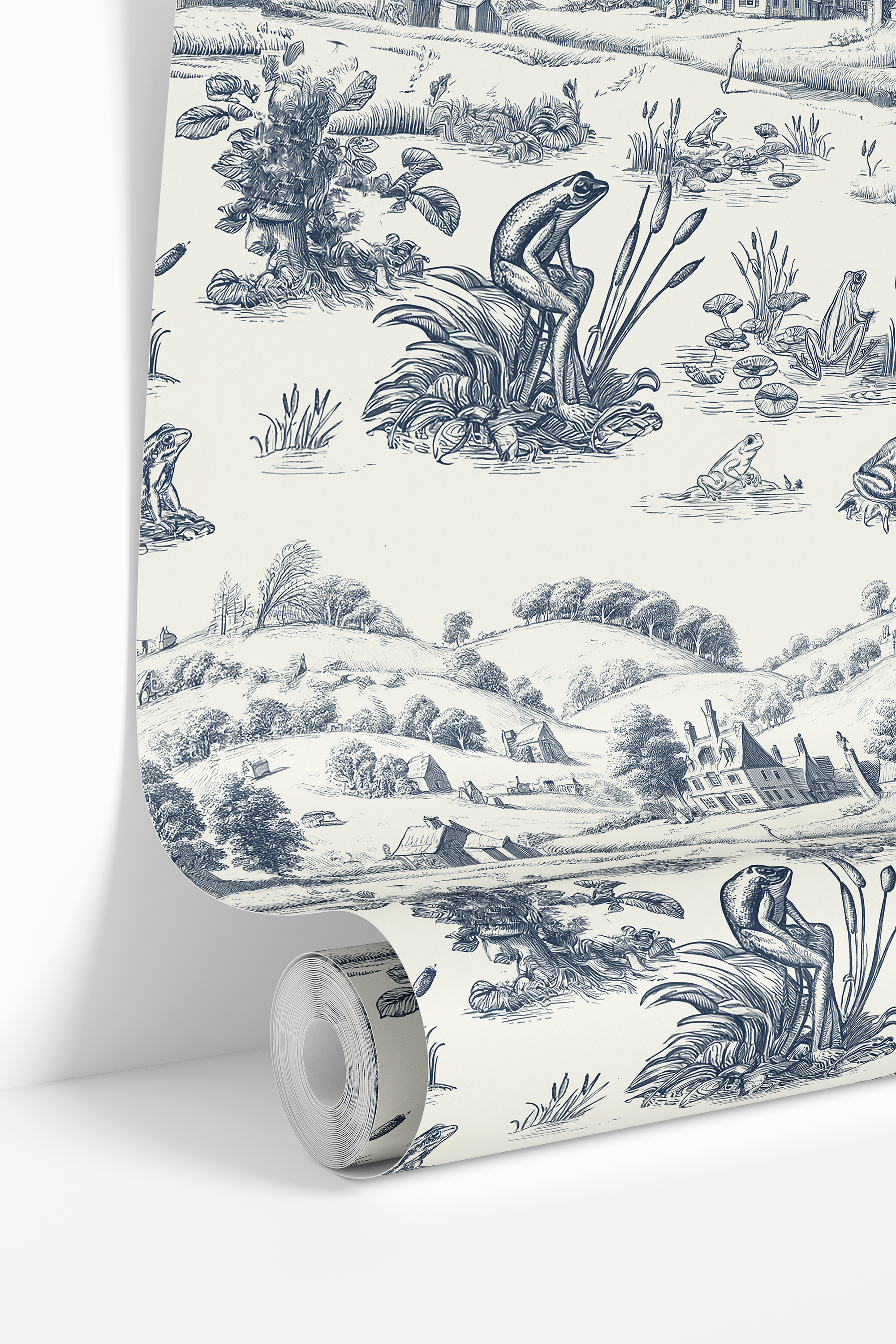 French countryside wallpaper featuring whimsical blue frogs, lily pads, and rustic village landscape – James & Colors