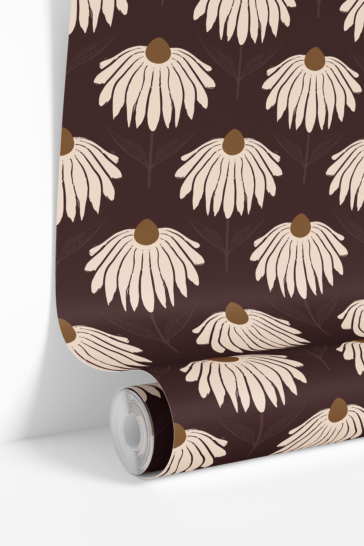 close view of garnet crown 3543 burgundy wallpaper roll with large cream coneflowers and ochre centers