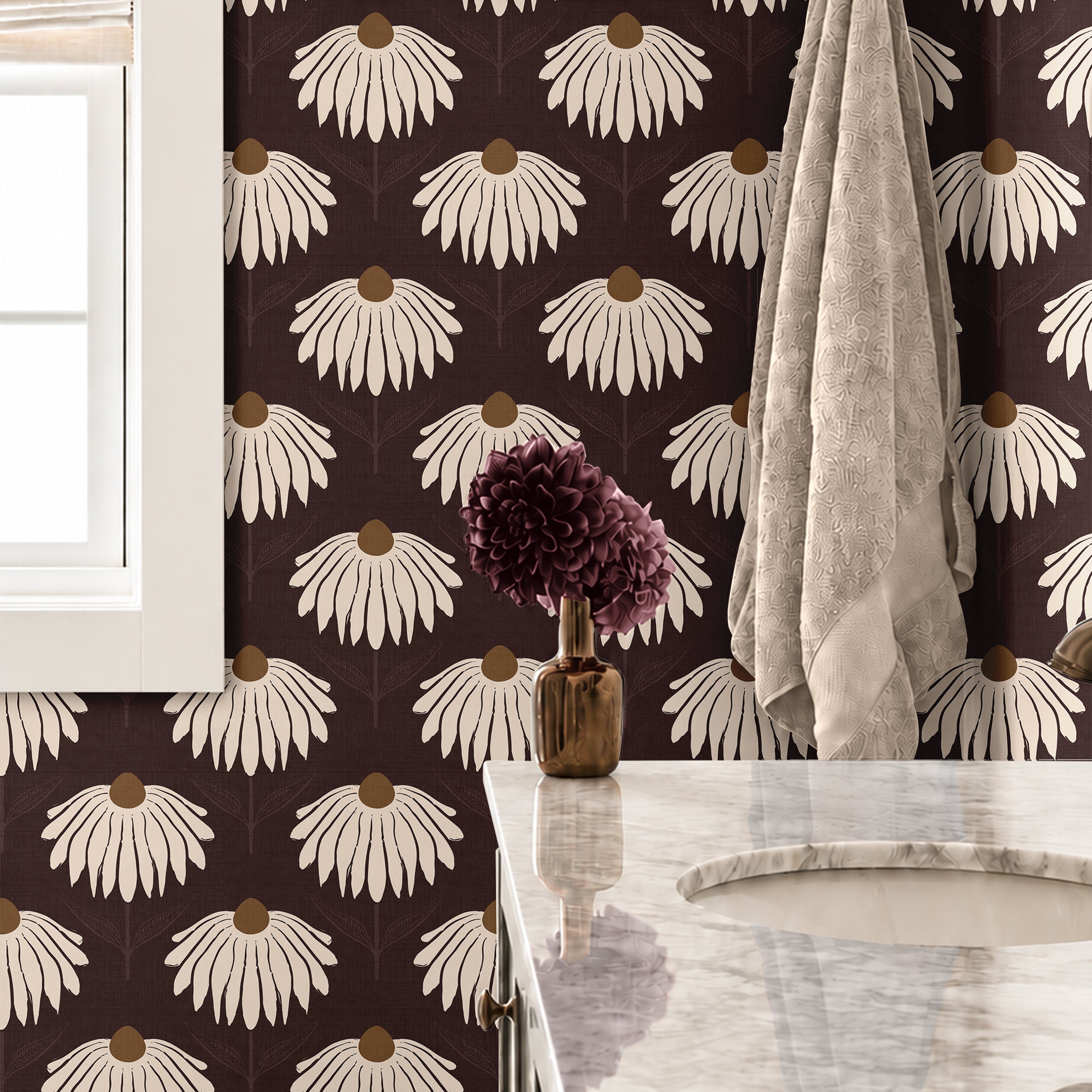 garnet crown 3543 burgundy and cream floral wallpaper in bathroom with vanity window hooks and towel
