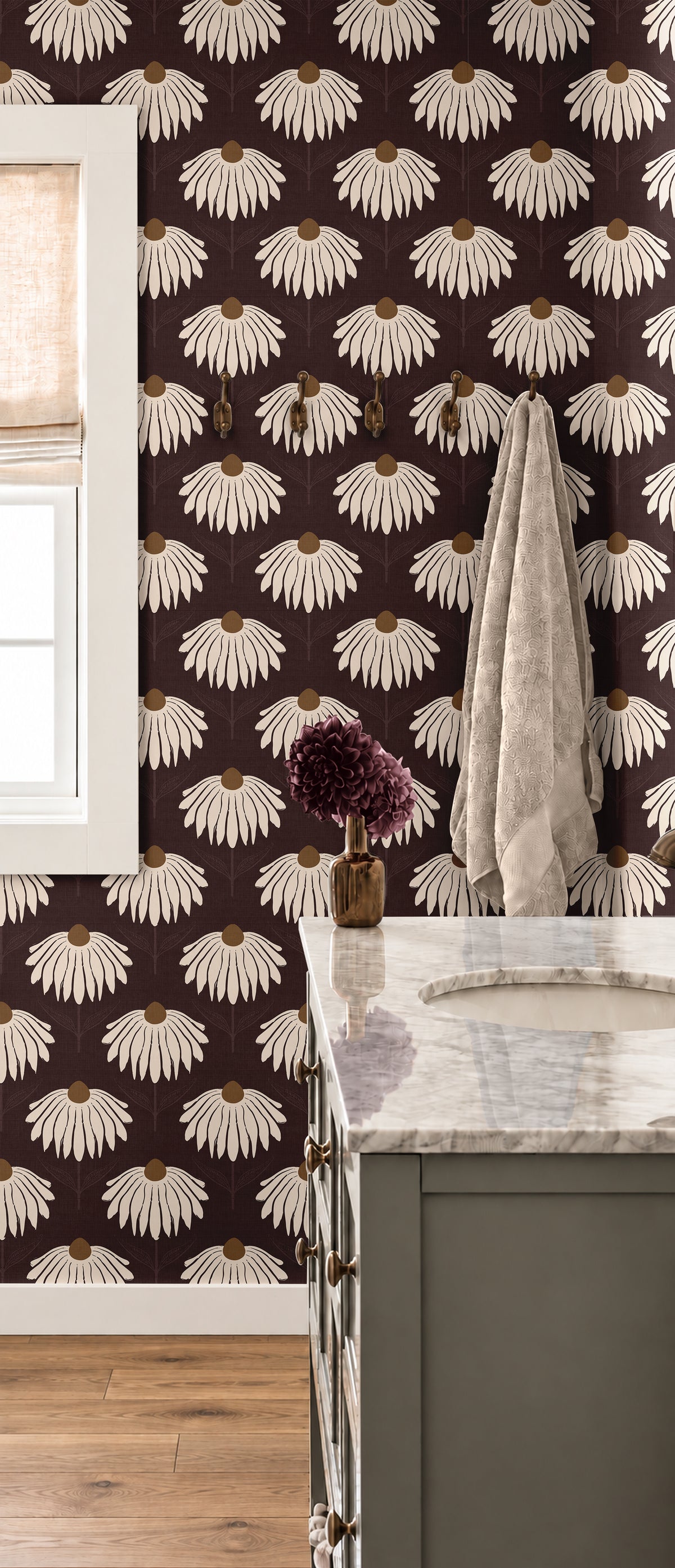 garnet crown 3543 burgundy and cream floral wallpaper in bathroom with vanity window hooks and towel
