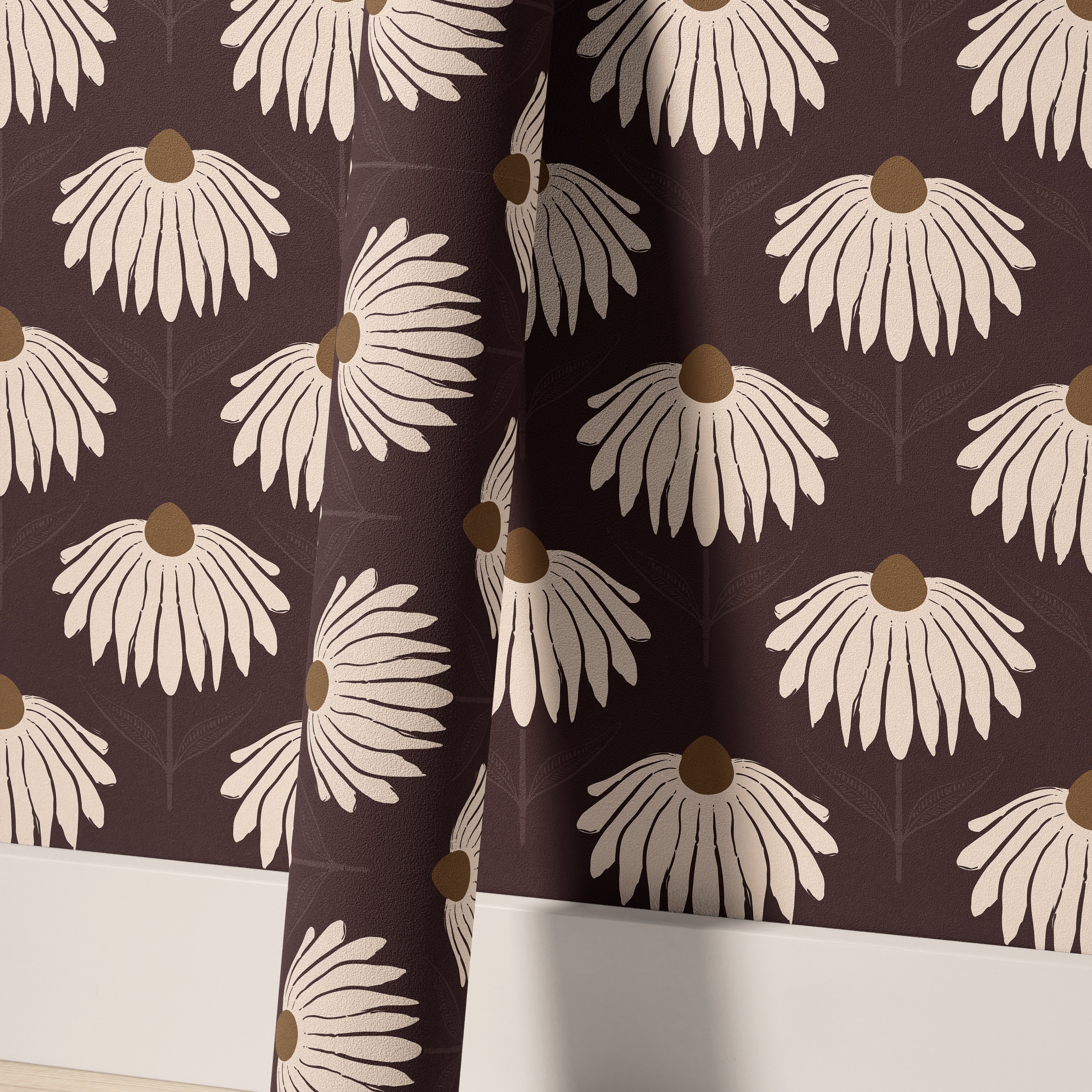 garnet crown 3543 burgundy coneflower wallpaper rolls displayed against the matching floral wall