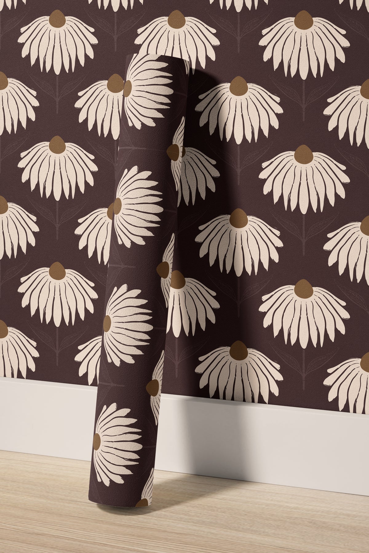 garnet crown 3543 burgundy coneflower wallpaper rolls displayed against the matching floral wall
