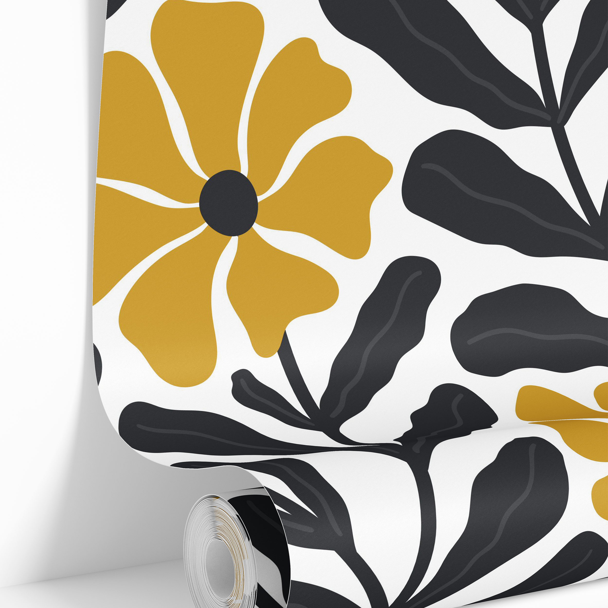 541 wallpaper roll with bold floral mustard black white design