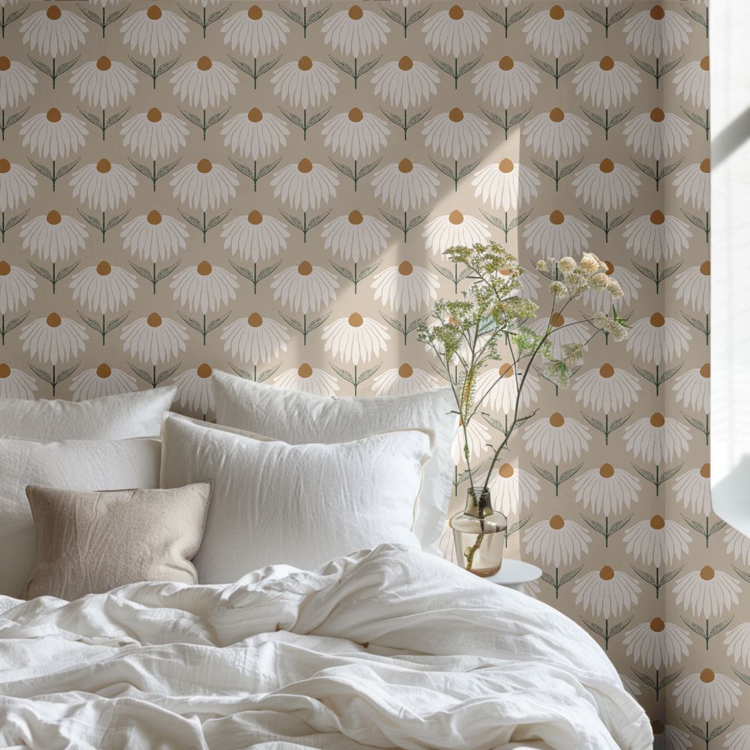 Golden Daisy wallpaper behind bed featuring soft white petals and golden centers in warm natural tones
