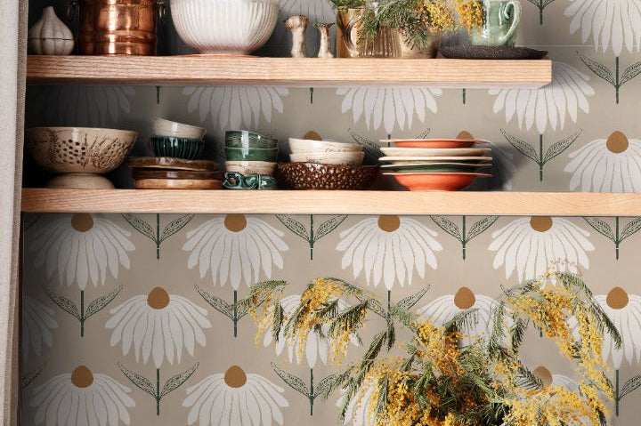 Golden Daisy wallpaper in kitchen with neutral floral pattern and warm earthy details