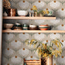 Golden Daisy wallpaper in kitchen with neutral floral pattern and warm earthy details