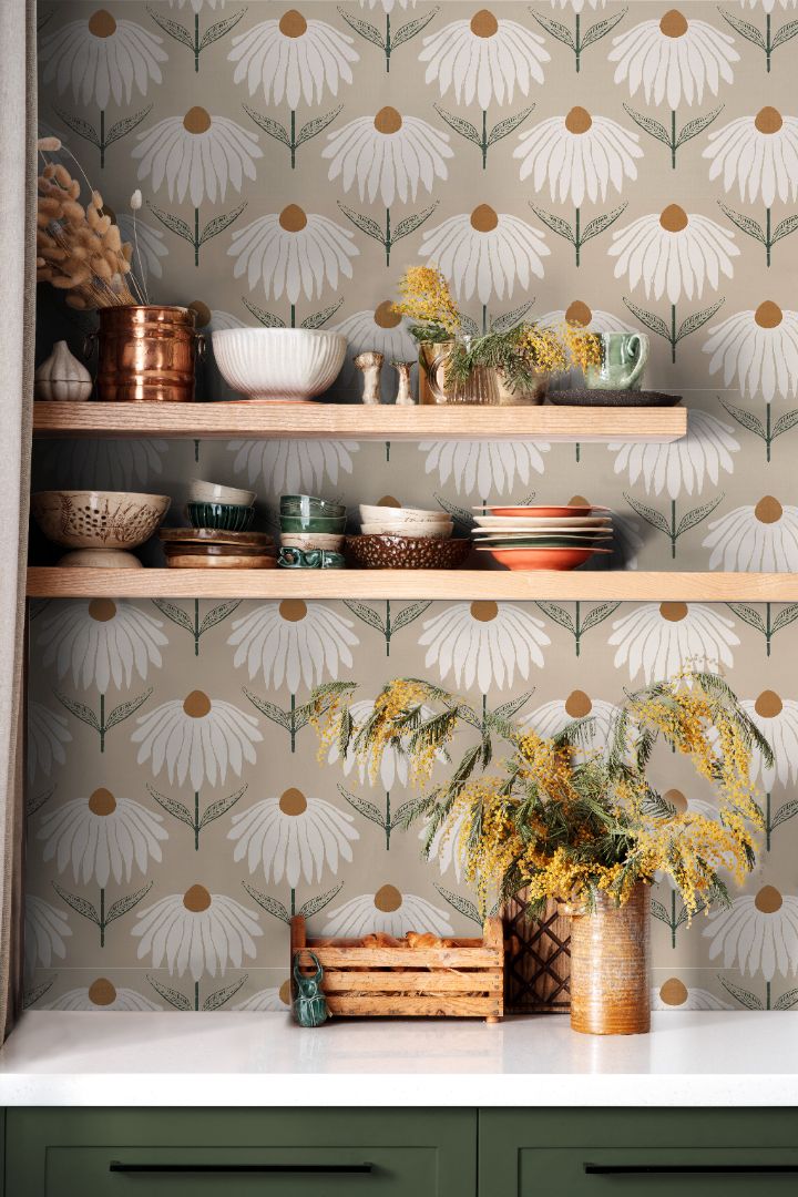 Golden Daisy wallpaper in kitchen with neutral floral pattern and warm earthy details