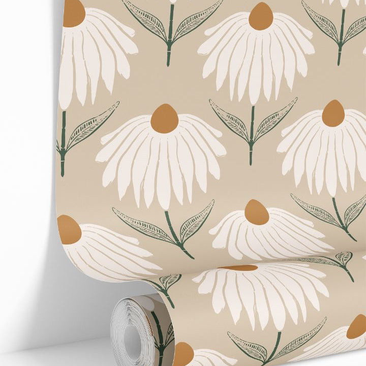 Golden Daisy wallpaper roll featuring white daisy flowers with golden centers on taupe background by James & Colors