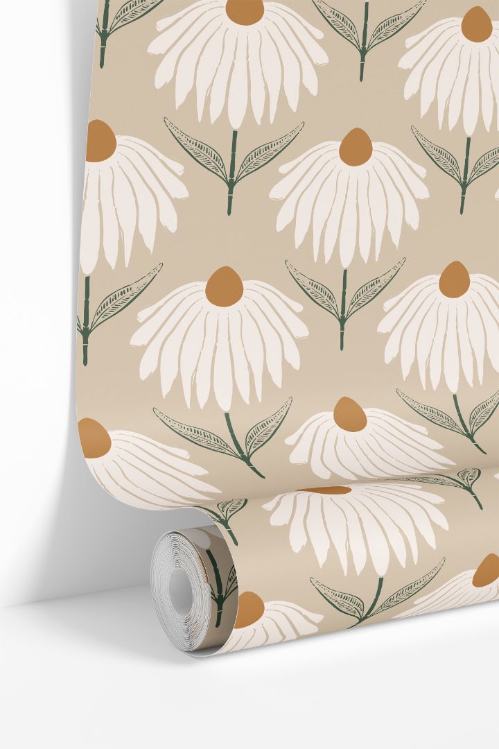 Golden Daisy wallpaper roll featuring white daisy flowers with golden centers on taupe background by James & Colors