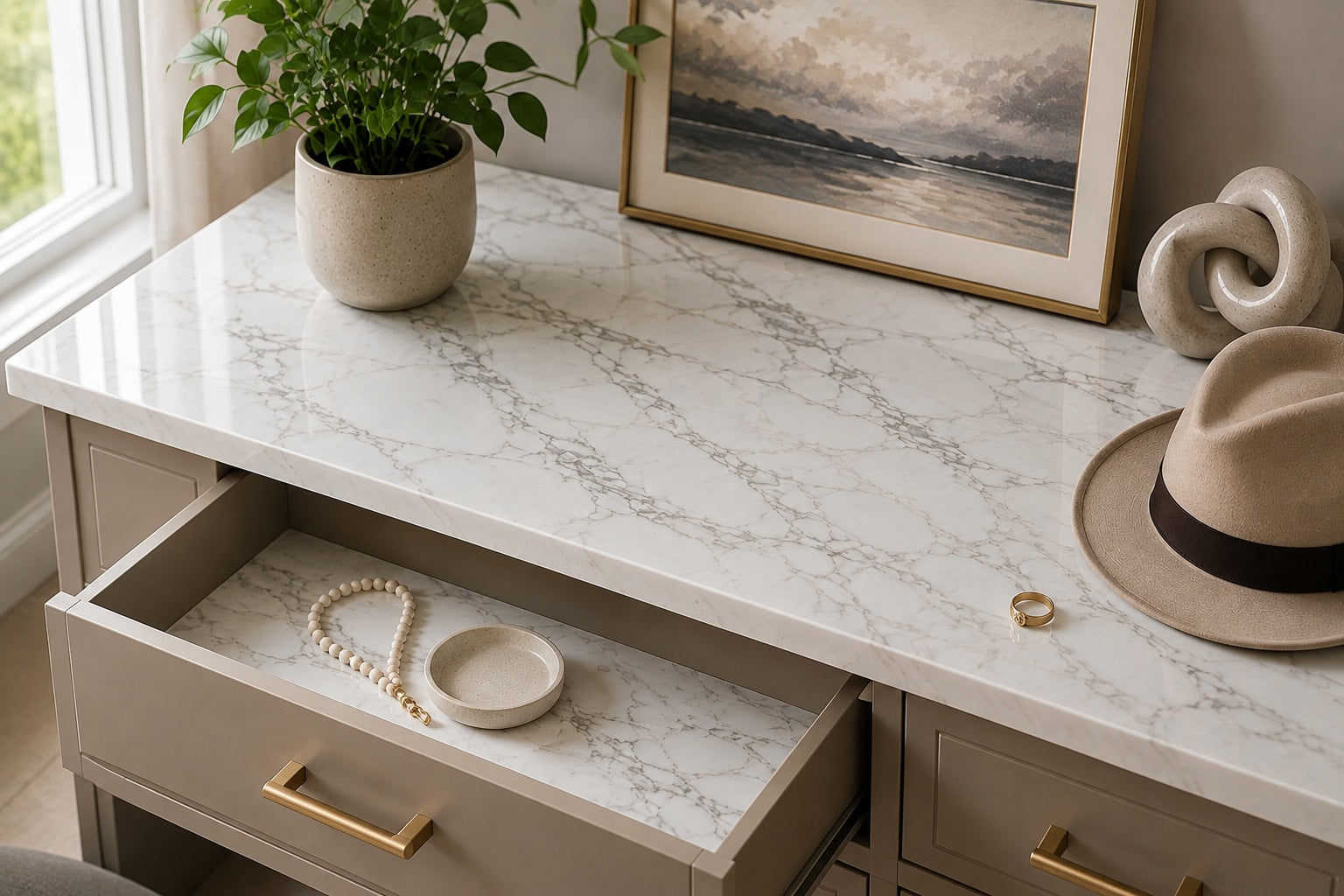 Gray Statuario marble contact paper applied to a countertop and open drawer liner in a neutral home interior