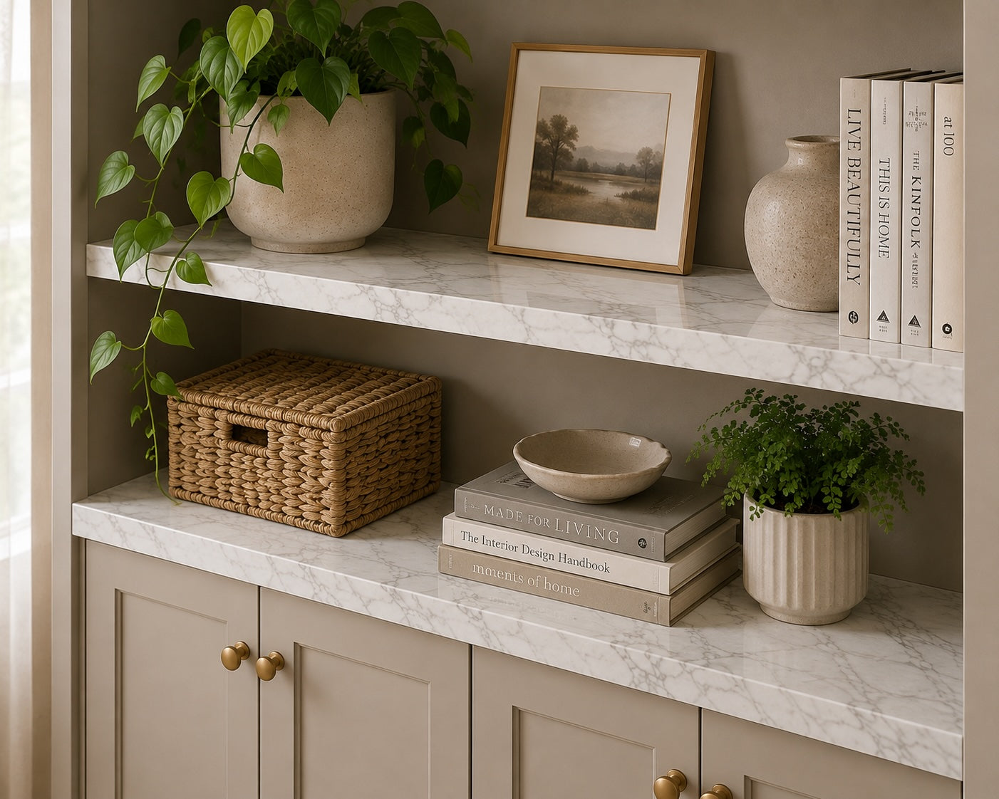 Gray Statuario marble contact paper on a bathroom vanity countertop with brass fixtures and neutral decor