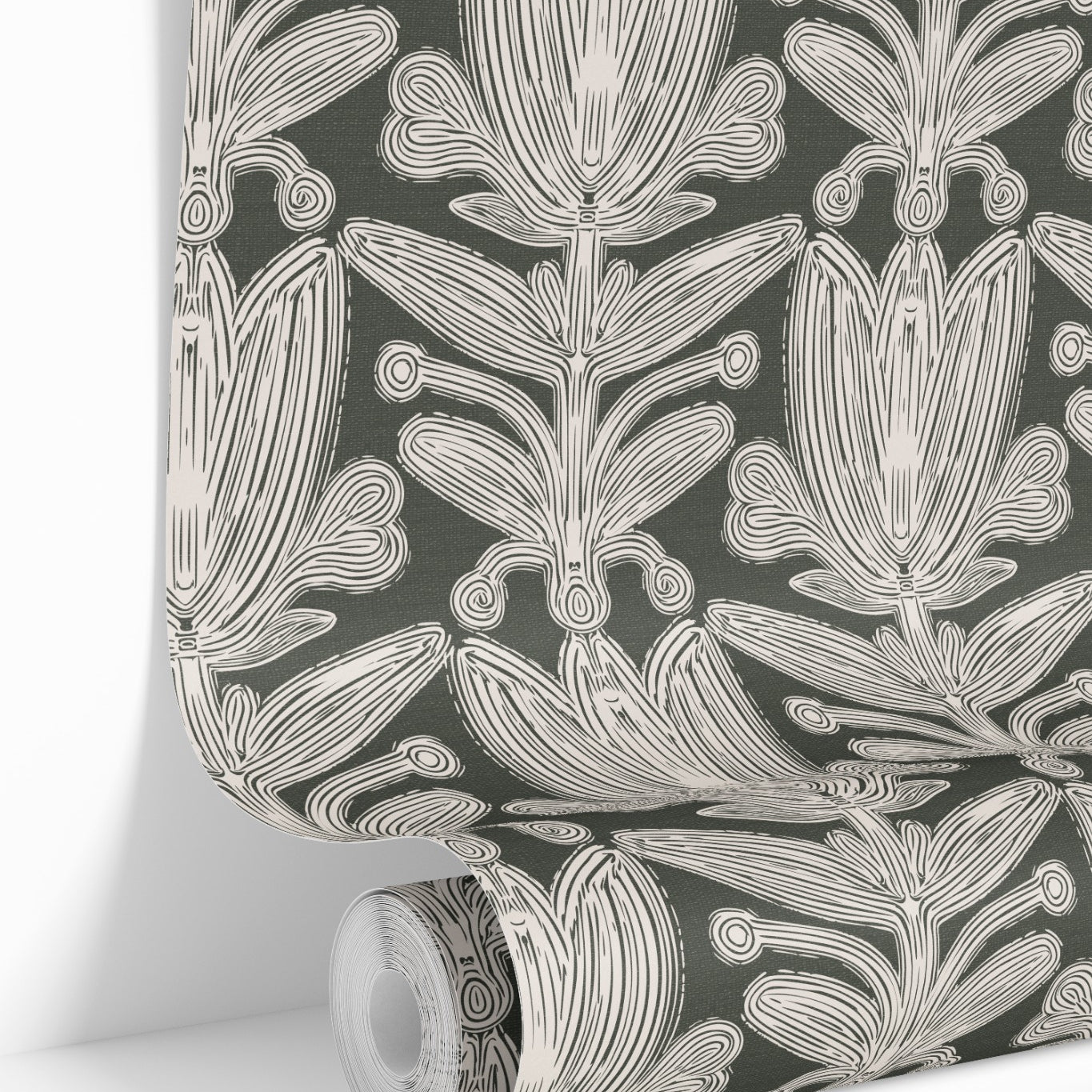 Wallpaper roll of Parkland Florette structured floral wallpaper in heritage green tones