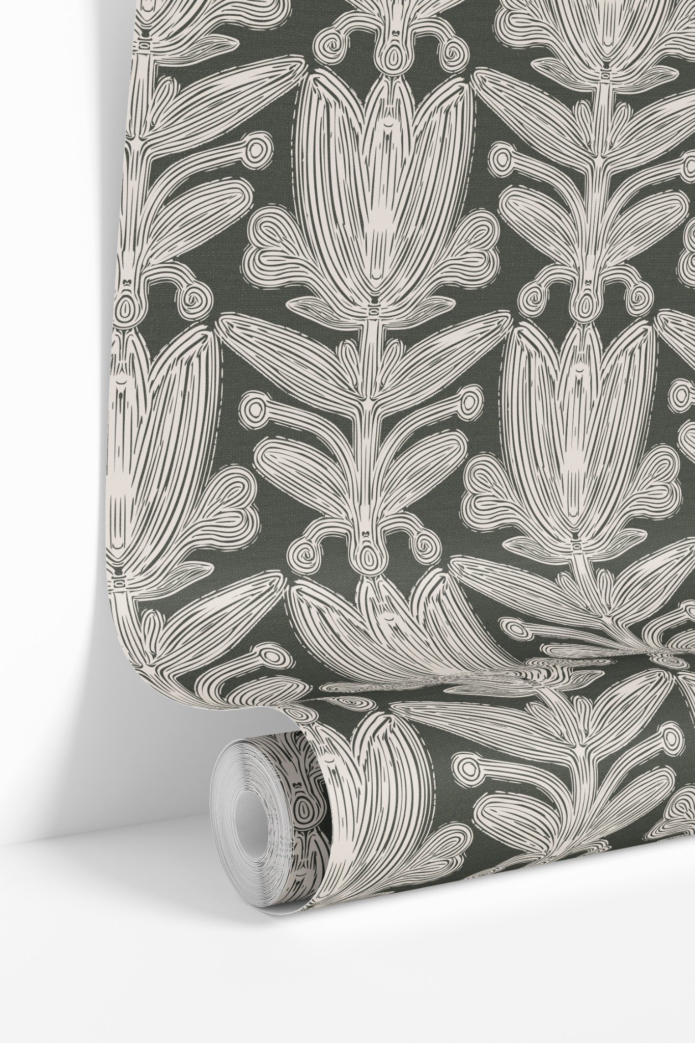 Wallpaper roll of Parkland Florette structured floral wallpaper in heritage green tones