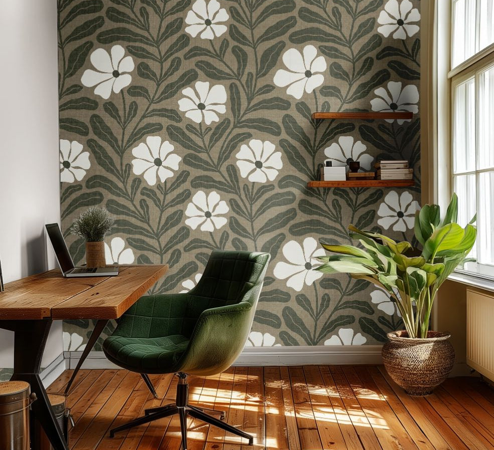 greenwell olive floral wallpaper in cozy dining nook with warm wood accents – large scale botanical pattern – james & colors