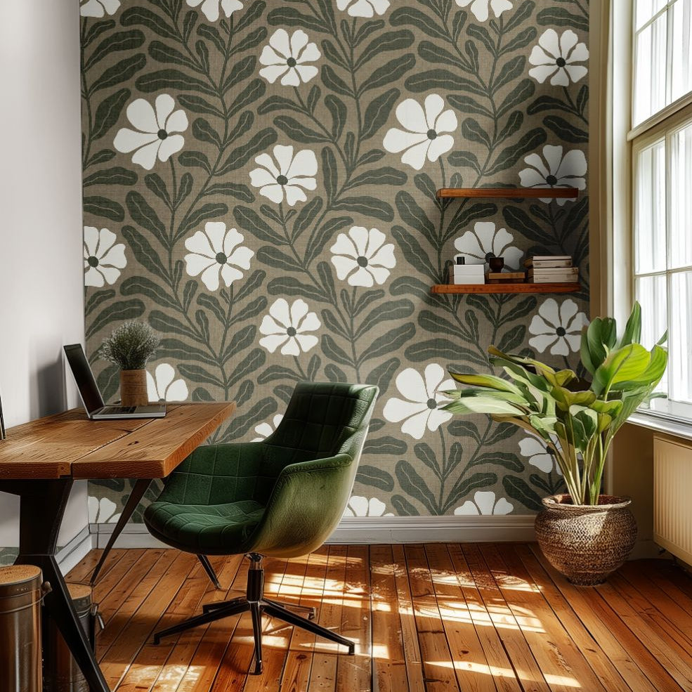greenwell olive floral wallpaper in cozy dining nook with warm wood accents – large scale botanical pattern – james & colors