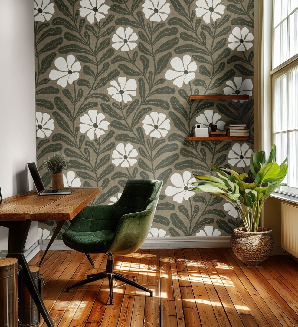greenwell olive floral wallpaper in cozy dining nook with warm wood accents – large scale botanical pattern – james & colors
