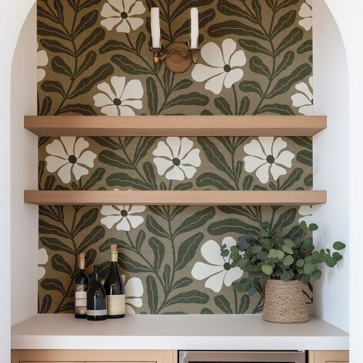 greenwell olive floral wallpaper in living room with natural light and oak furniture – modern organic wall design – james & colors