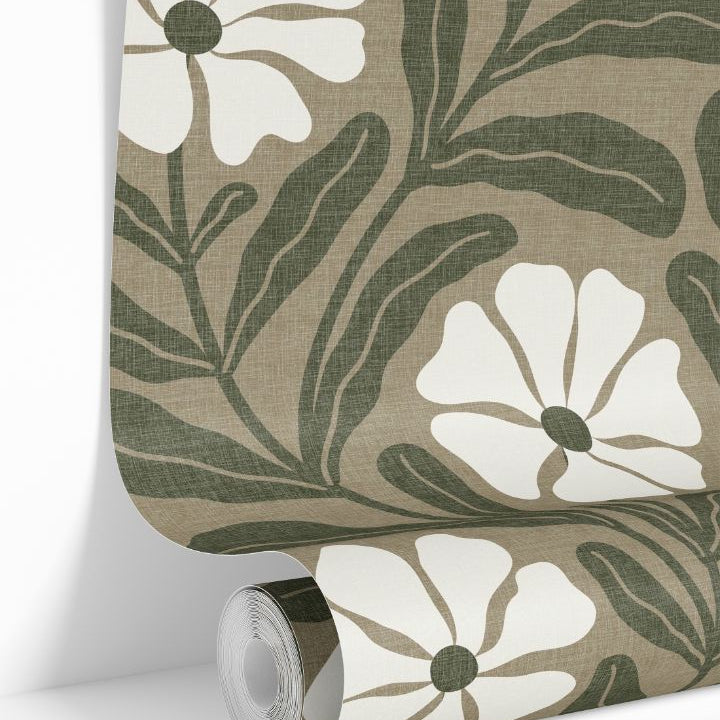 greenwell olive floral wallpaper roll – modern botanical pattern on linen texture – james & colors