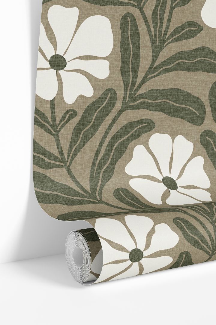 greenwell olive floral wallpaper roll – modern botanical pattern on linen texture – james & colors