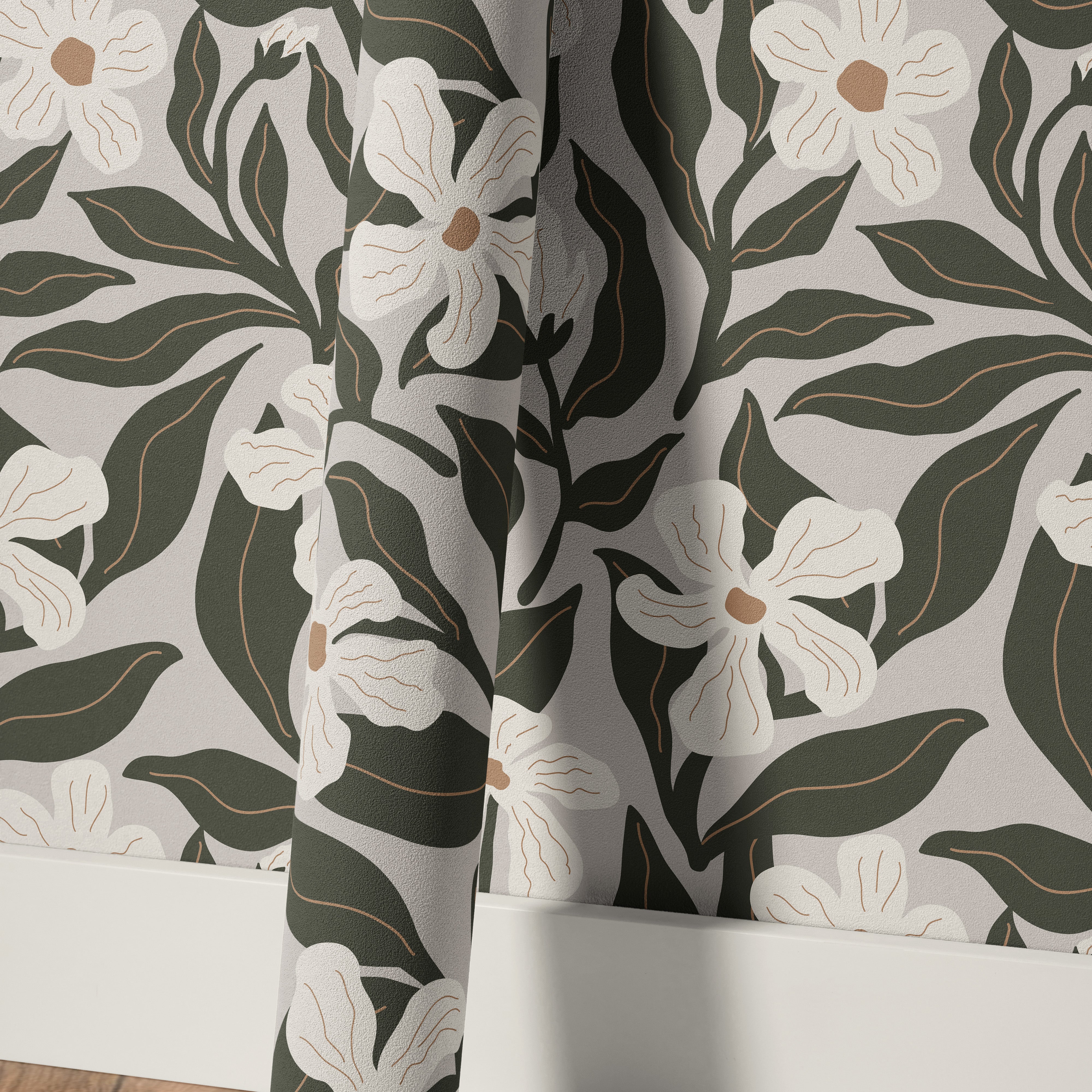 Hand and Leaf 3541 floral wallpaper roll featuring ivory flowers, deep olive green leaves and warm tan linework on a soft neutral background, shown against the coordinating installed botanical wallpaper.