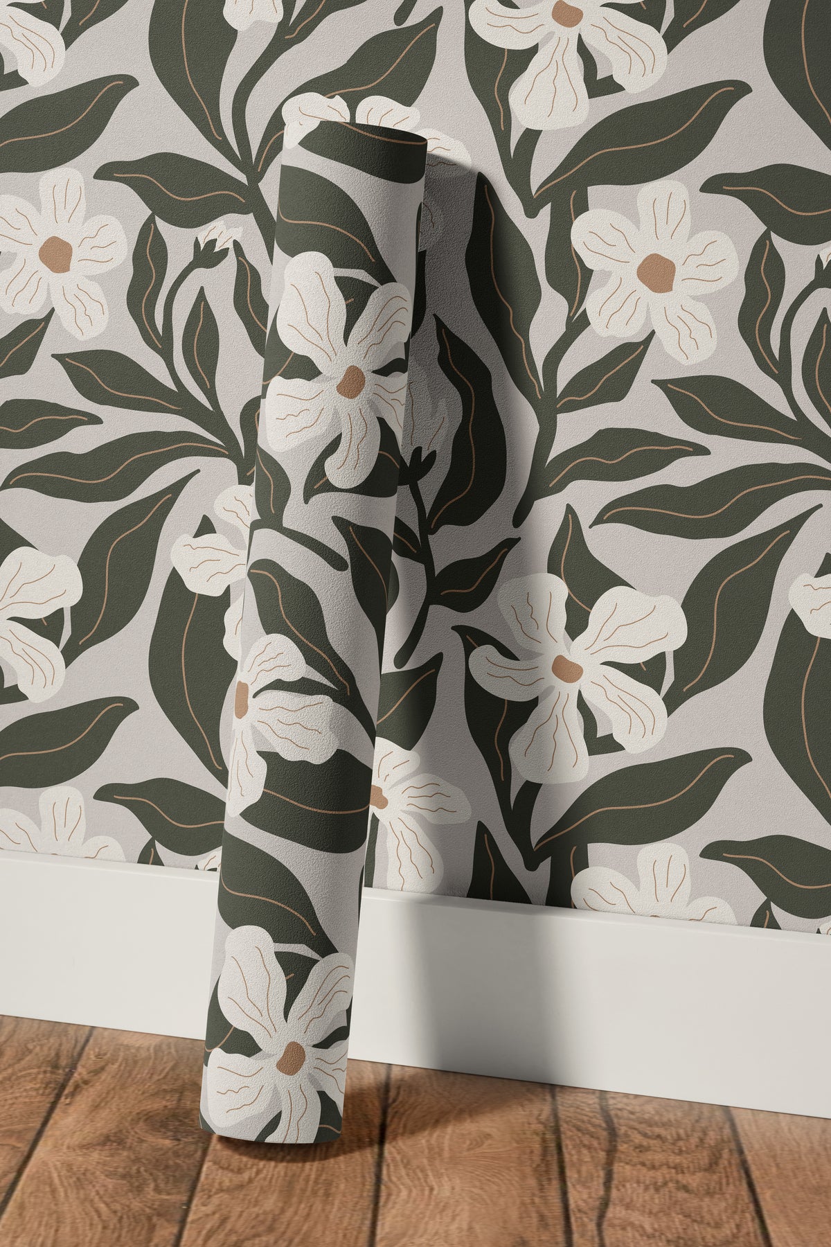 Hand and Leaf 3541 floral wallpaper roll featuring ivory flowers, deep olive green leaves and warm tan linework on a soft neutral background, shown against the coordinating installed botanical wallpaper.
